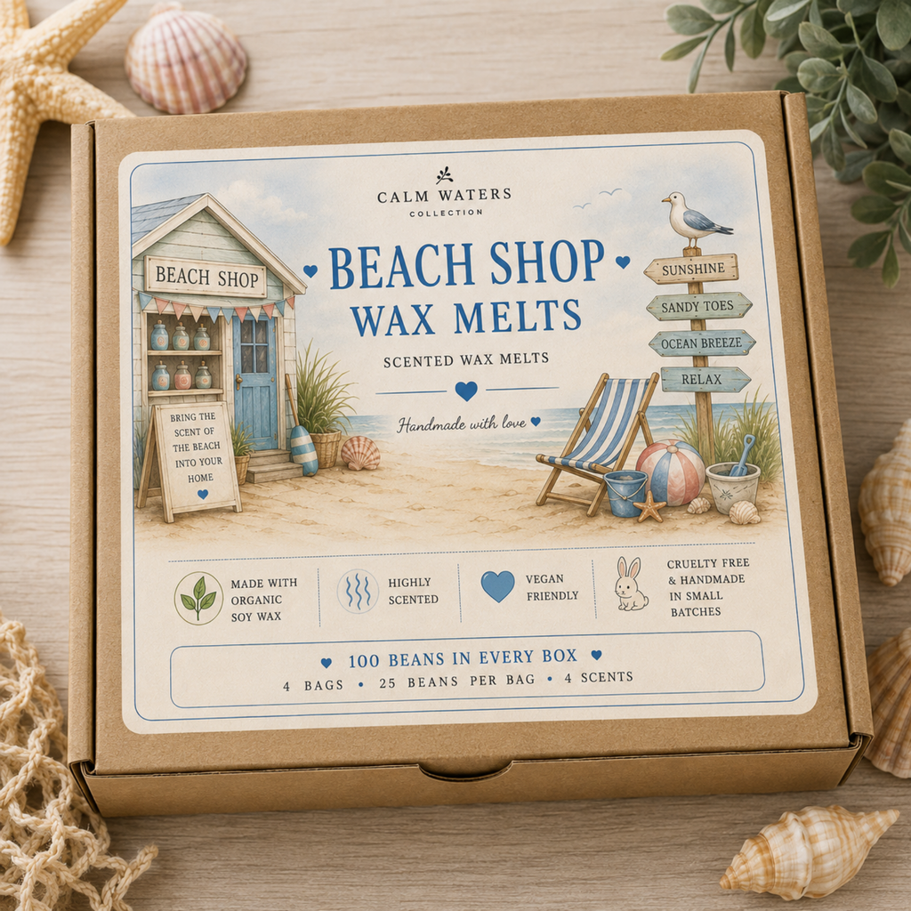 Beach Wax Melts Gift Box – 100 Mini Soy Wax Melts – Coconut, Ocean Breeze, Pink Lemonade & Saltwater Taffy