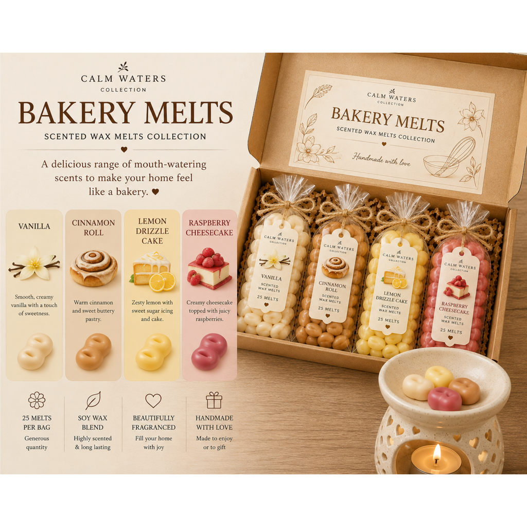 Bakery Scented Soy Wax Melts Gift Box – Vanilla, Cinnamon Roll, Lemon Drizzle Cake & Raspberry Cheesecake – 100 Mini Melts