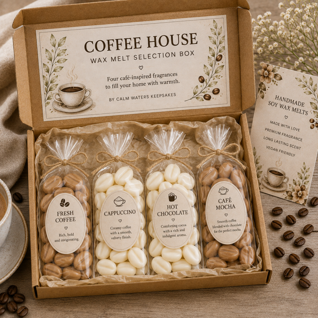 100 Coffee Bean Wax Melts Gift Box – Coffee Scented Soy Wax Melts – Cappuccino, Hot Chocolate & Café Mocha Selection