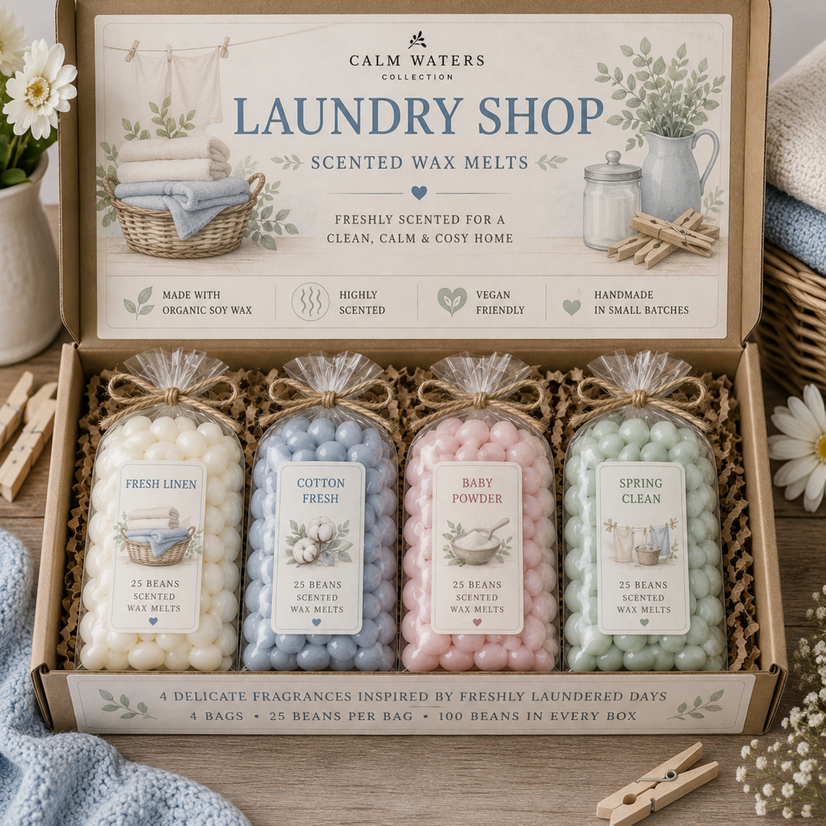 Laundry Scented Soy Wax Melts Gift Box – Fresh Linen, Cotton Fresh, Baby Powder & Spring Clean – 100 Mini Wax Melts