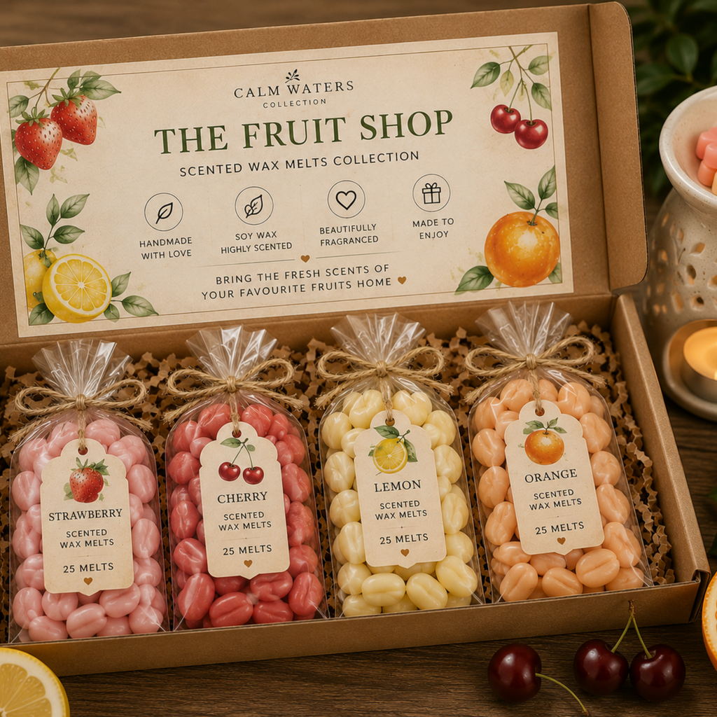 Fruit Scented Soy Wax Melts Gift Box – Strawberry, Cherry, Lemon & Orange – 100 Mini Wax Melts – Fruity Home Fragrance Gift
