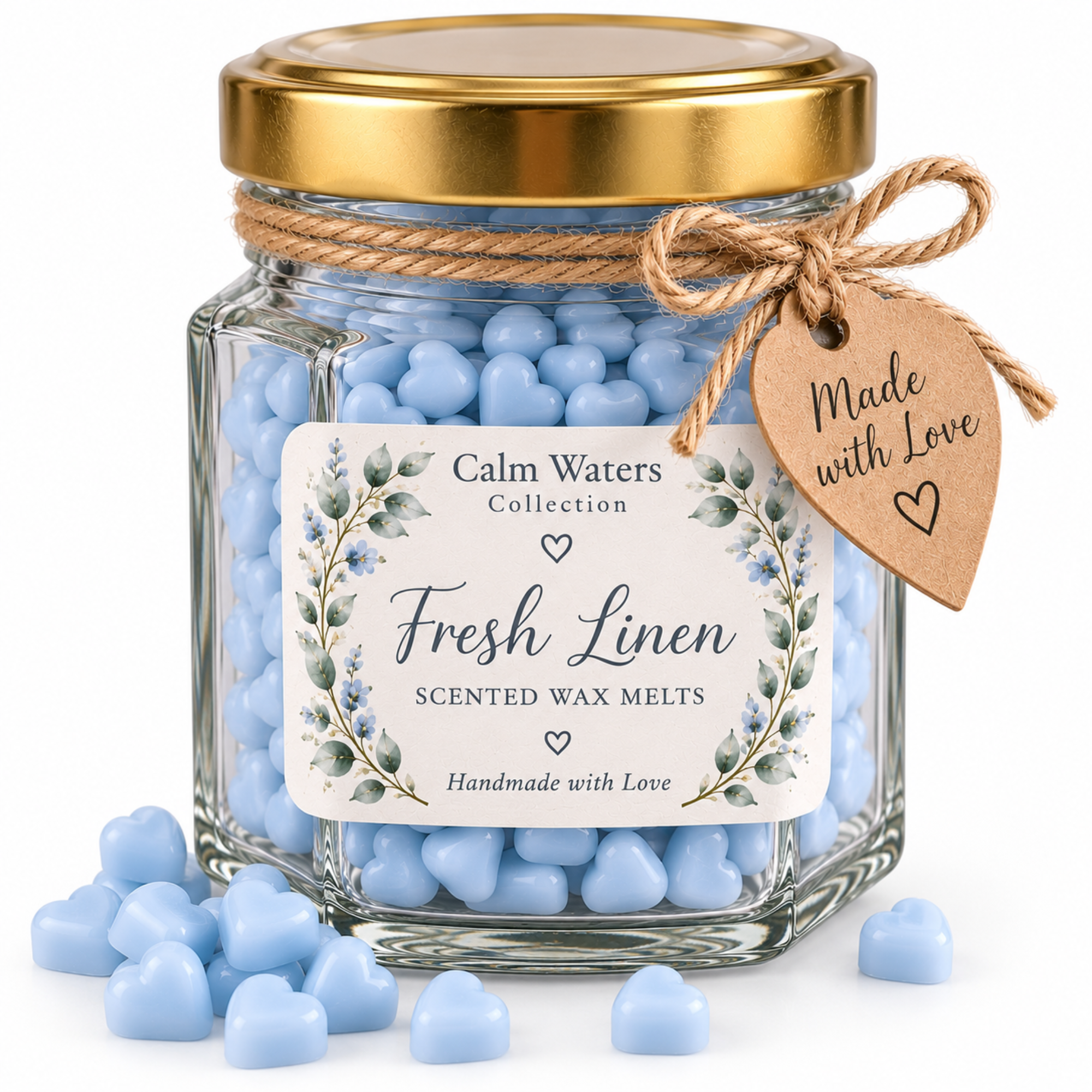 Fresh Linen Wax Melts, Tiny Heart Soy Wax Melts in Glass Gift Jar, Highly Scented Handmade Home Fragrance Gift