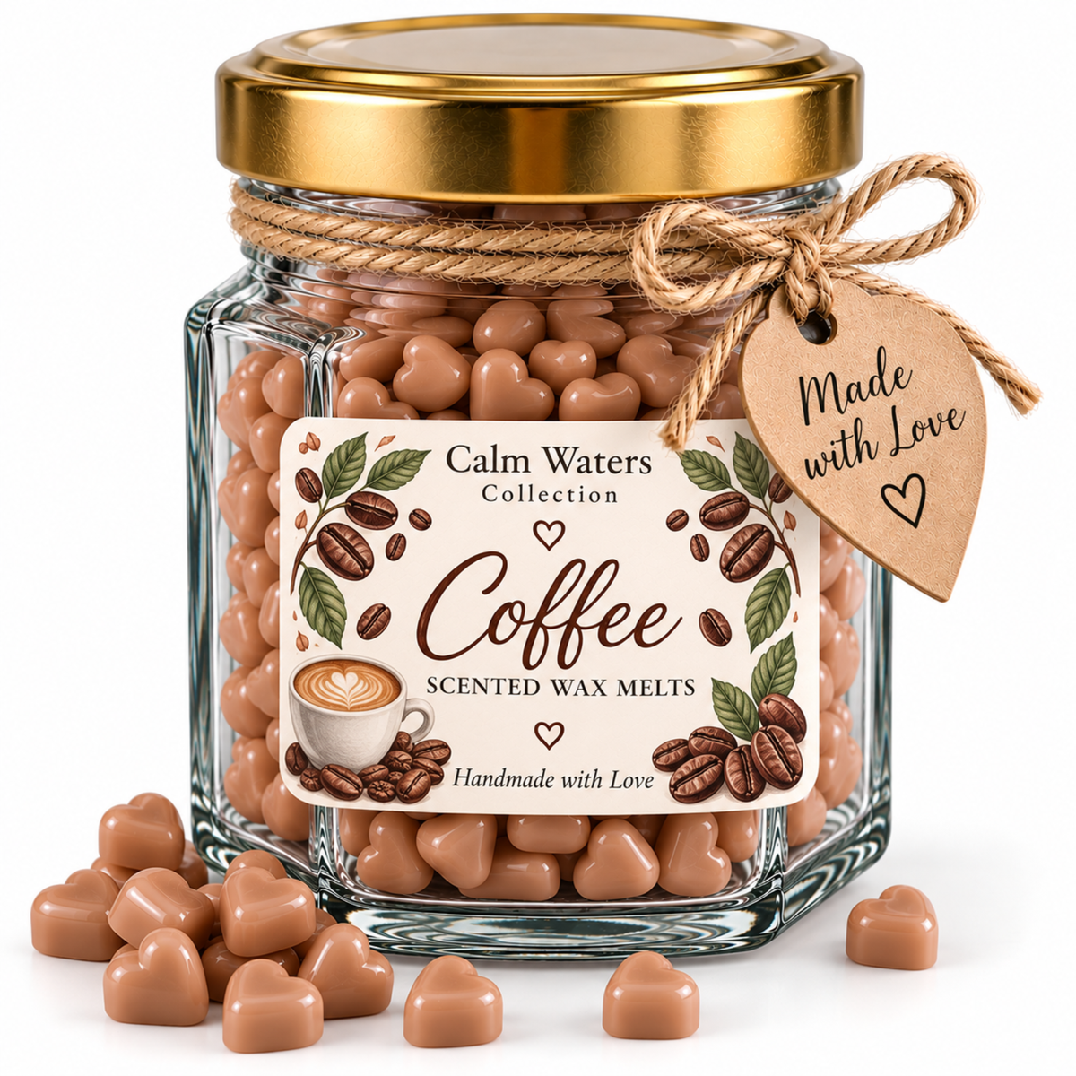Coffee Wax Melts, Tiny Heart Soy Wax Melts in Glass Gift Jar, Highly Scented Handmade Home Fragrance Gift