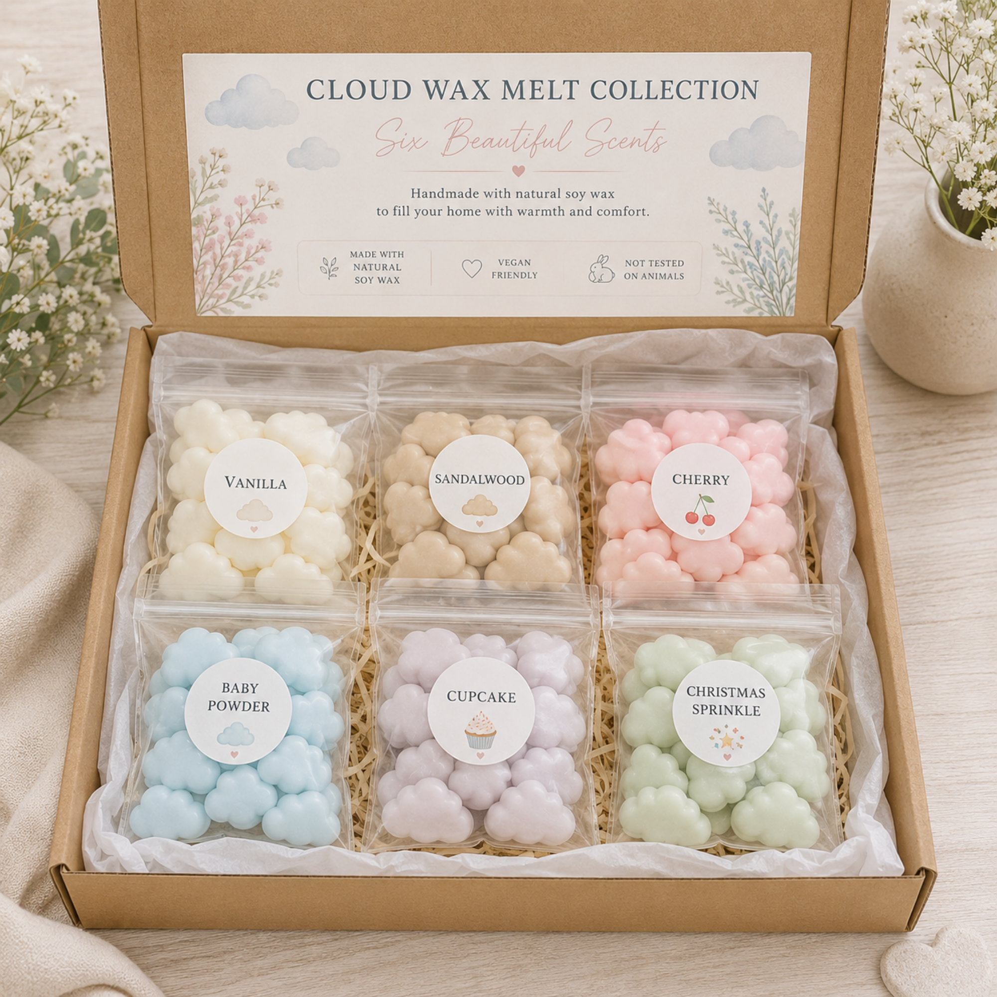 Cloud Wax Melts Gift Box, Handmade Soy Wax Melts, Scented Home Fragrance, Six Fragrance Selection Box, Gift for Her