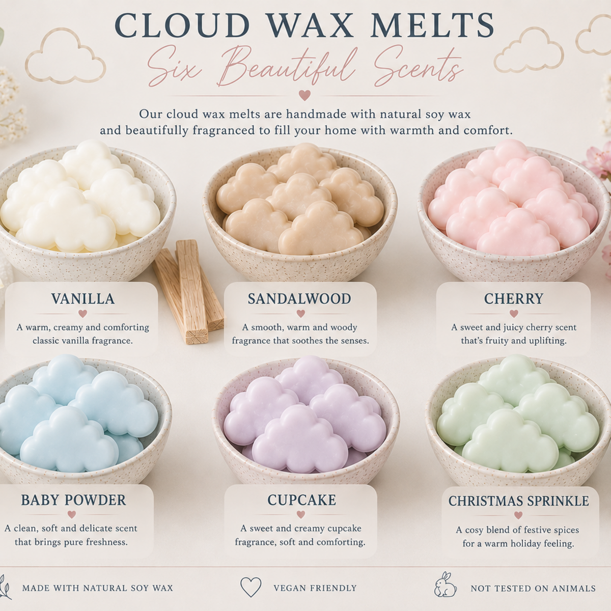Cloud Wax Melts Gift Box, Handmade Soy Wax Melts, Scented Home Fragrance, Six Fragrance Selection Box, Gift for Her