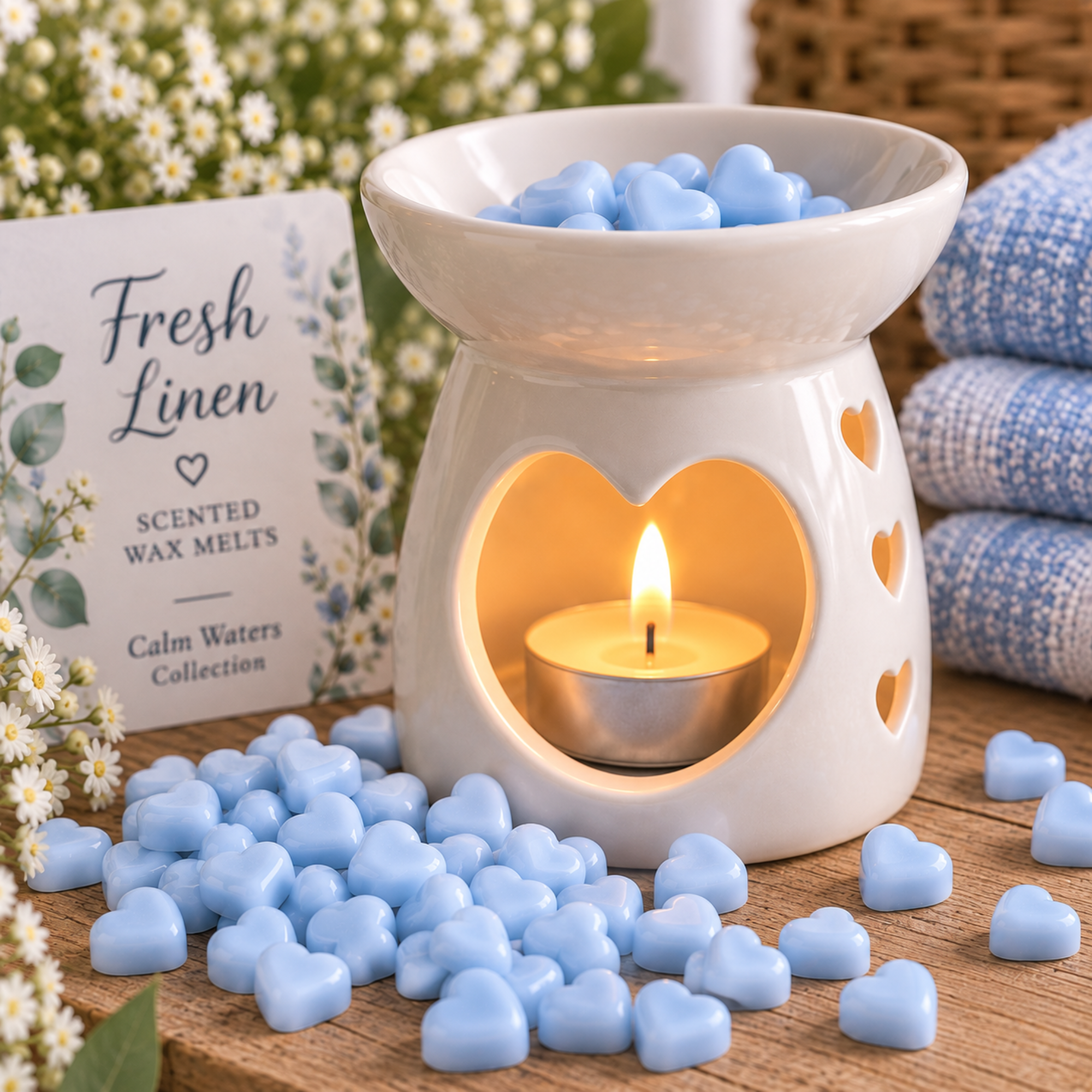 Fresh Linen Wax Melts, Tiny Heart Soy Wax Melts in Glass Gift Jar, Highly Scented Handmade Home Fragrance Gift
