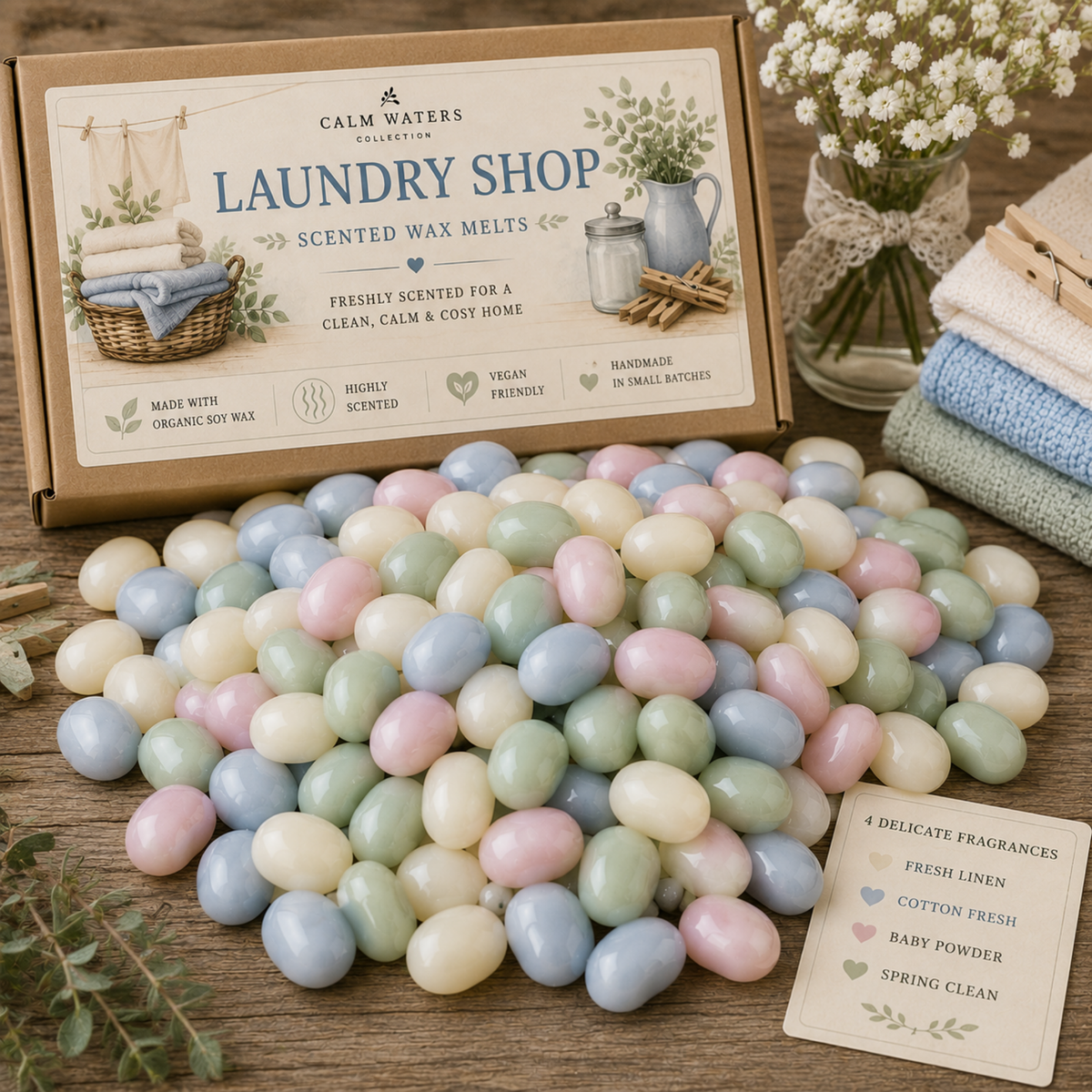 Laundry Scented Soy Wax Melts Gift Box – Fresh Linen, Cotton Fresh, Baby Powder & Spring Clean – 100 Mini Wax Melts