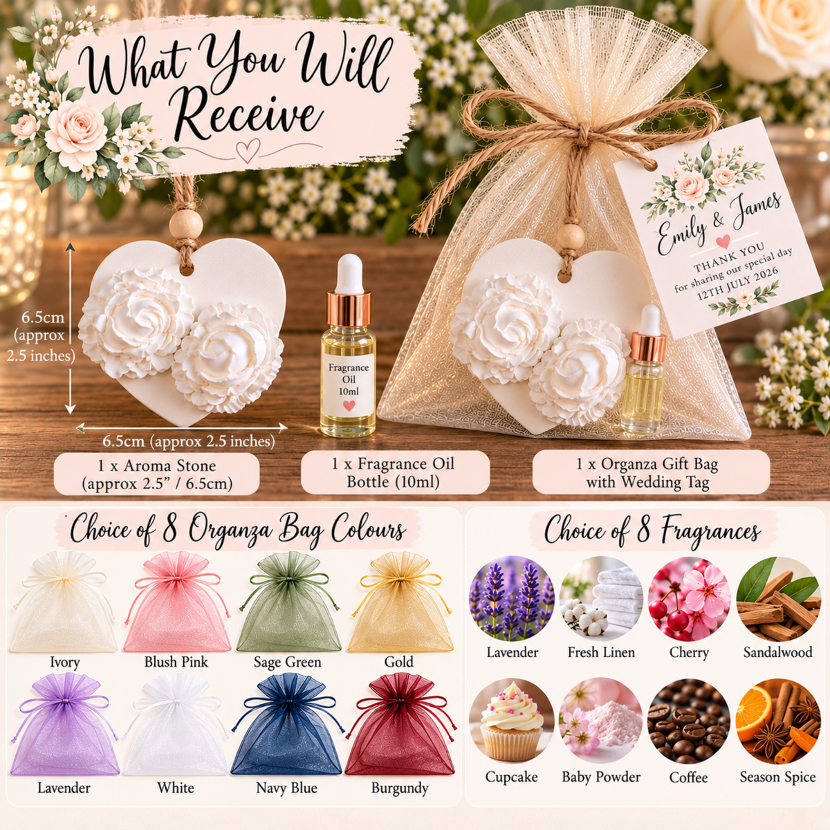 Personalised Wedding Favours – Handmade Floral Heart Aroma Stones
