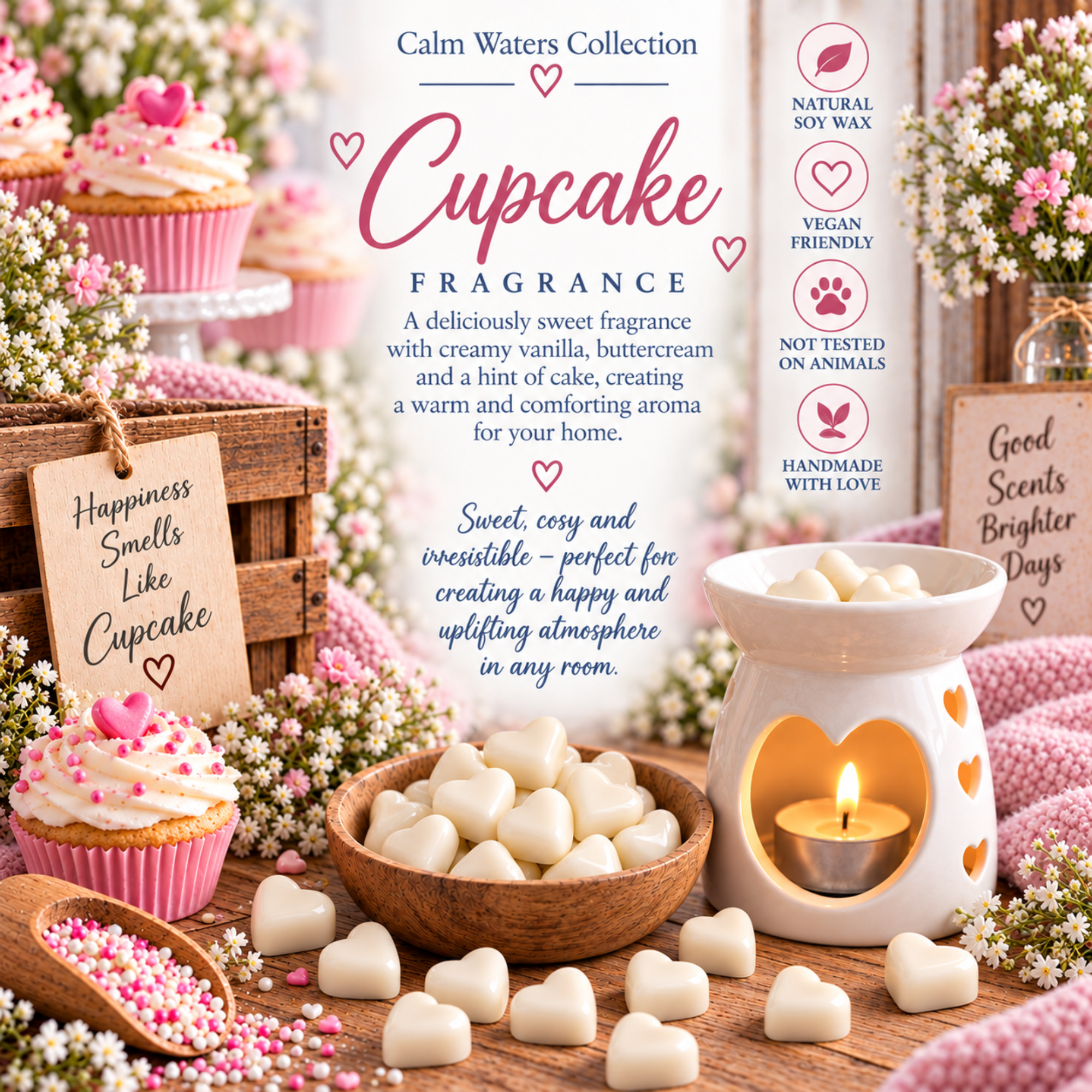 Cupcake Wax Melts, Tiny Heart Soy Wax Melts in Glass Gift Jar, Sweet Vanilla Scented Handmade Home Fragrance Gift