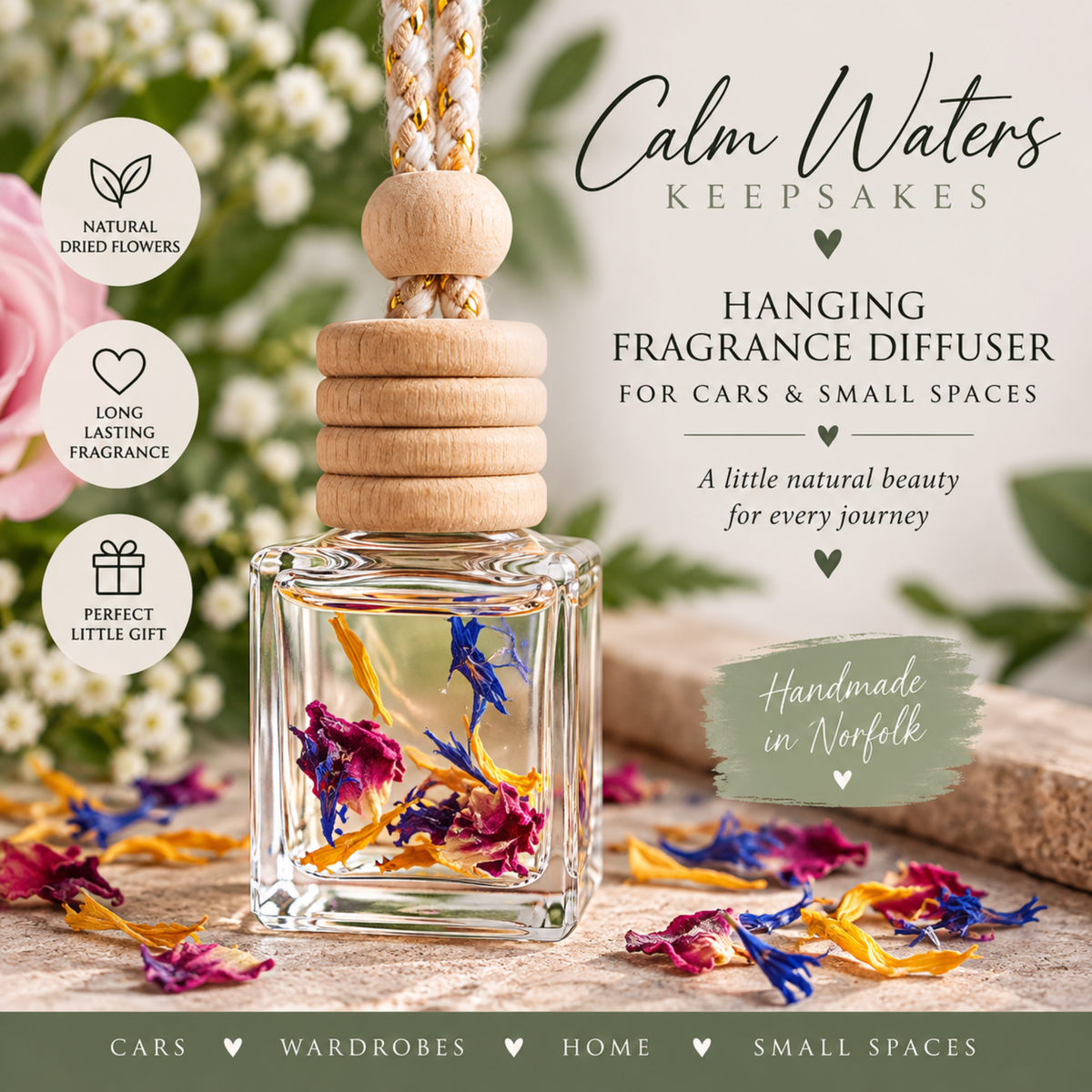 Personalised Hanging Fragrance Diffuser | Wedding & Party Favours | Car, Wardrobe Freshener | Dried Flower Gift | Custom 8ml Diffuser