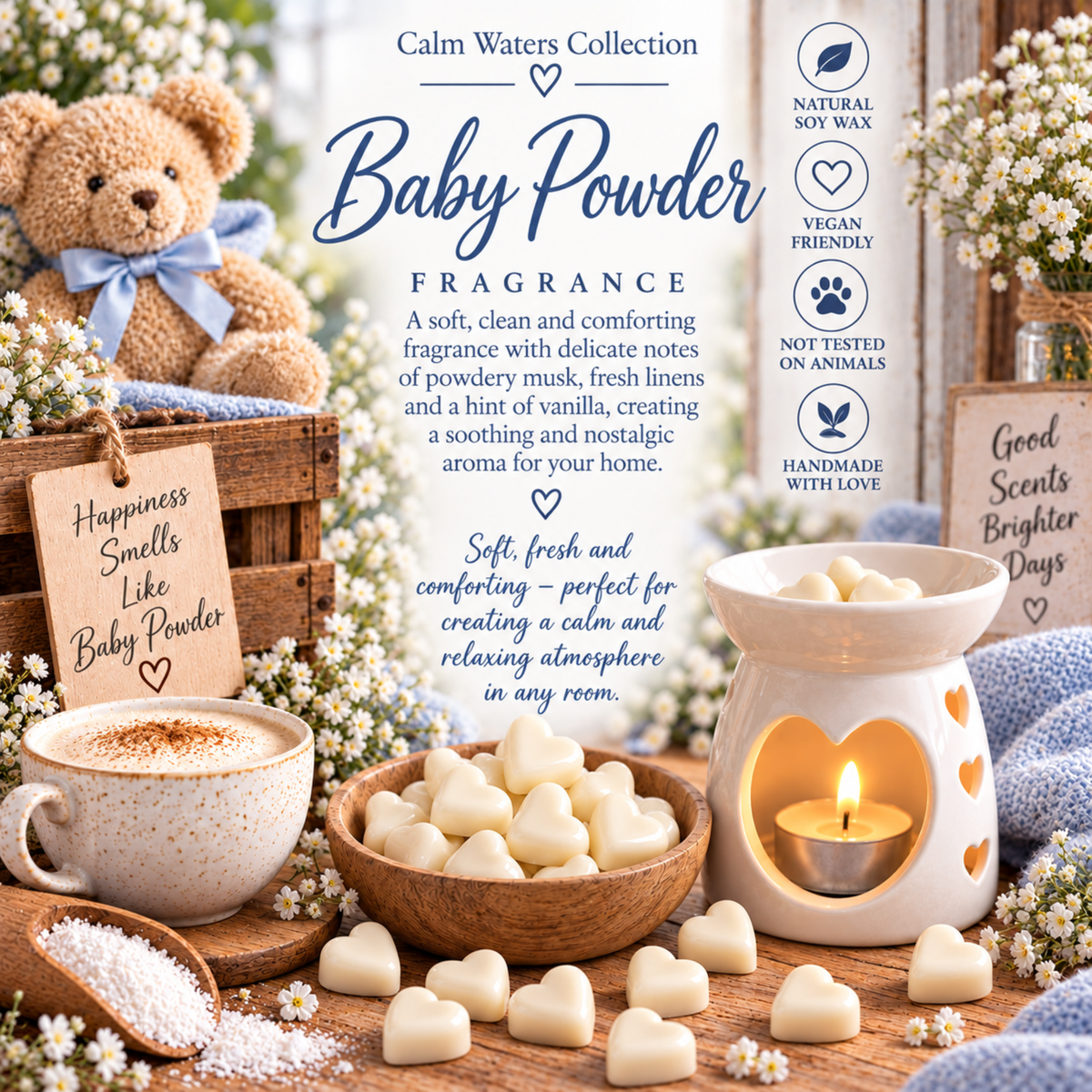 Baby Powder Wax Melts, Tiny Heart Soy Wax Melts in Glass Gift Jar, Highly Scented Handmade Home Fragrance Gift