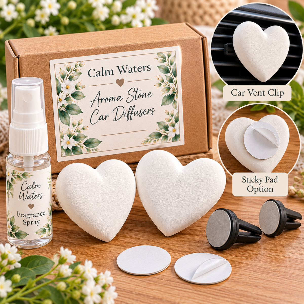 Set of 2 Aroma Stone Car Air Fresheners, Heart Car Diffusers, Fragrance Spray & Adhesive Pads Included, Handmade Car Gift