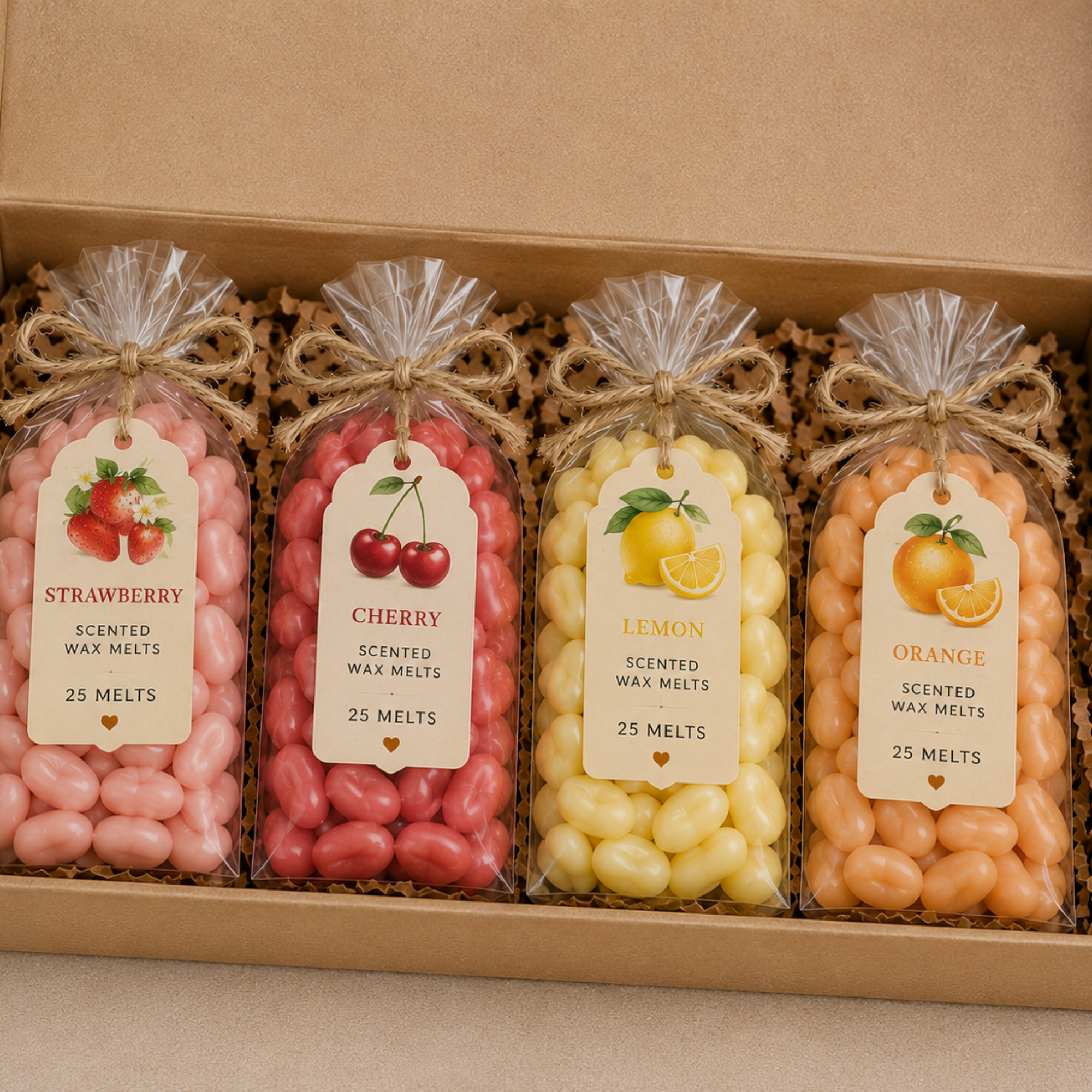 Fruit Scented Soy Wax Melts Gift Box – Strawberry, Cherry, Lemon & Orange – 100 Mini Wax Melts – Fruity Home Fragrance Gift