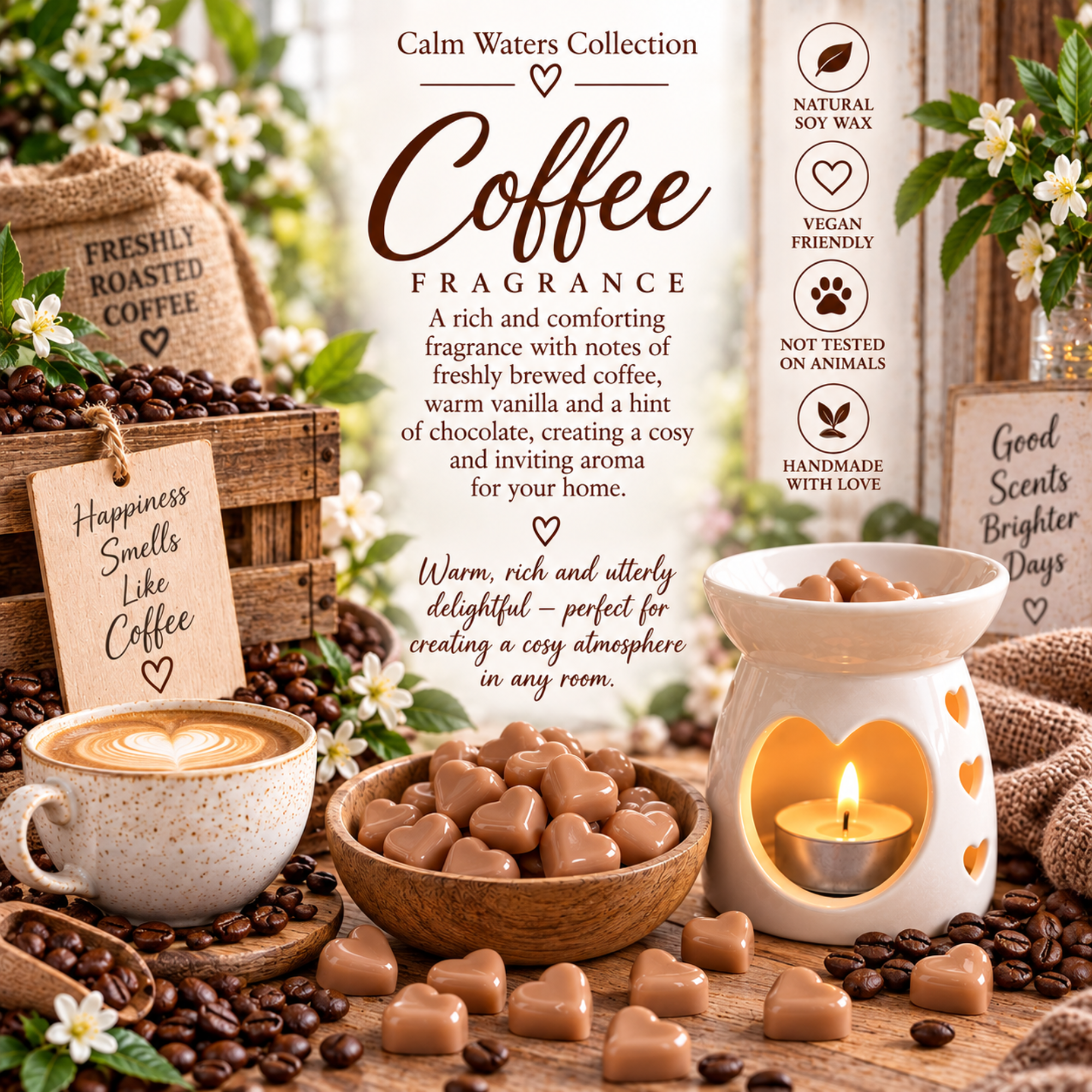 Coffee Wax Melts, Tiny Heart Soy Wax Melts in Glass Gift Jar, Highly Scented Handmade Home Fragrance Gift