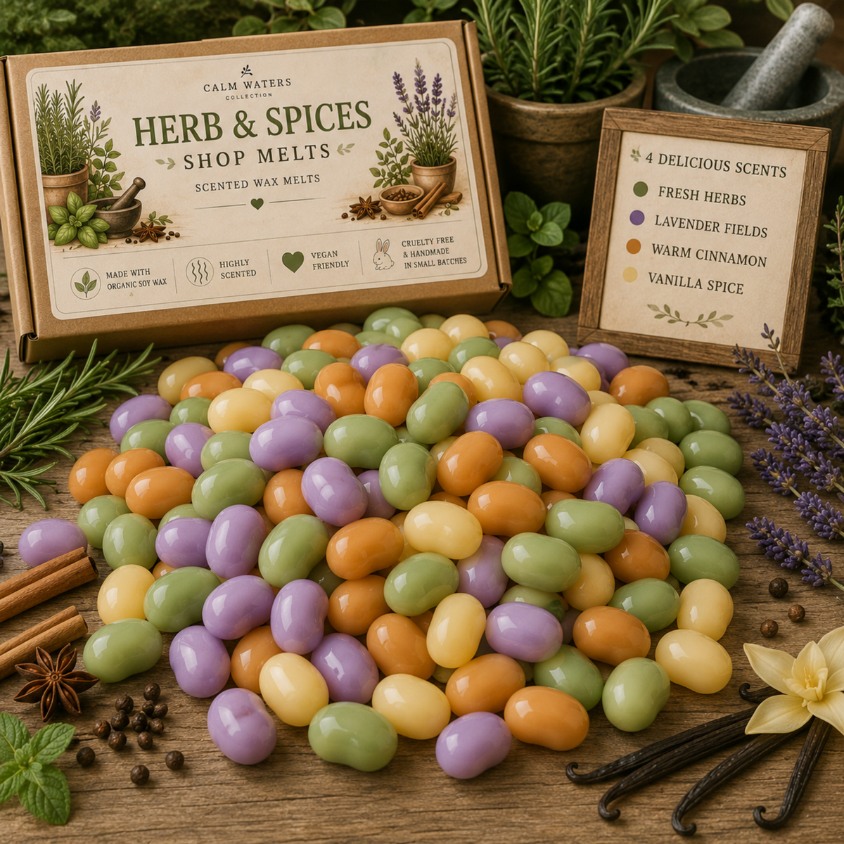 Herb & Spice Wax Melts Gift Box – Fresh Herbs, Lavender, Cinnamon & Vanilla – 100 Mini Soy Wax Melts