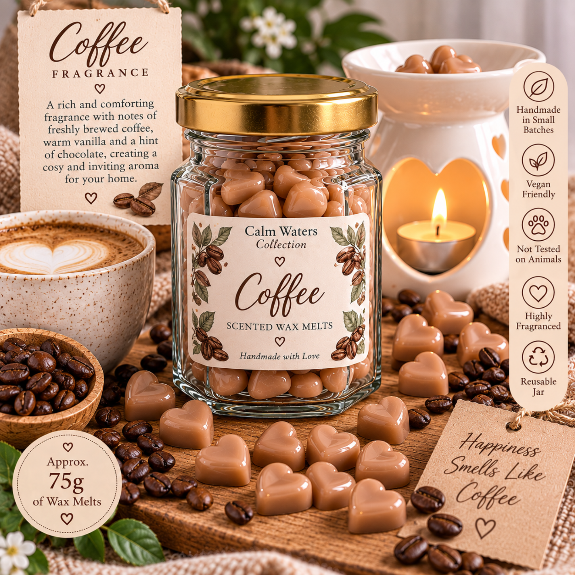 Coffee Wax Melts, Tiny Heart Soy Wax Melts in Glass Gift Jar, Highly Scented Handmade Home Fragrance Gift