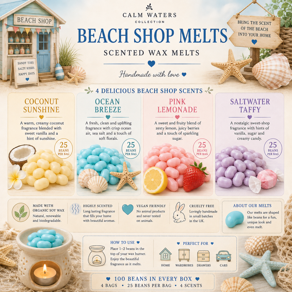 Beach Wax Melts Gift Box – 100 Mini Soy Wax Melts – Coconut, Ocean Breeze, Pink Lemonade & Saltwater Taffy