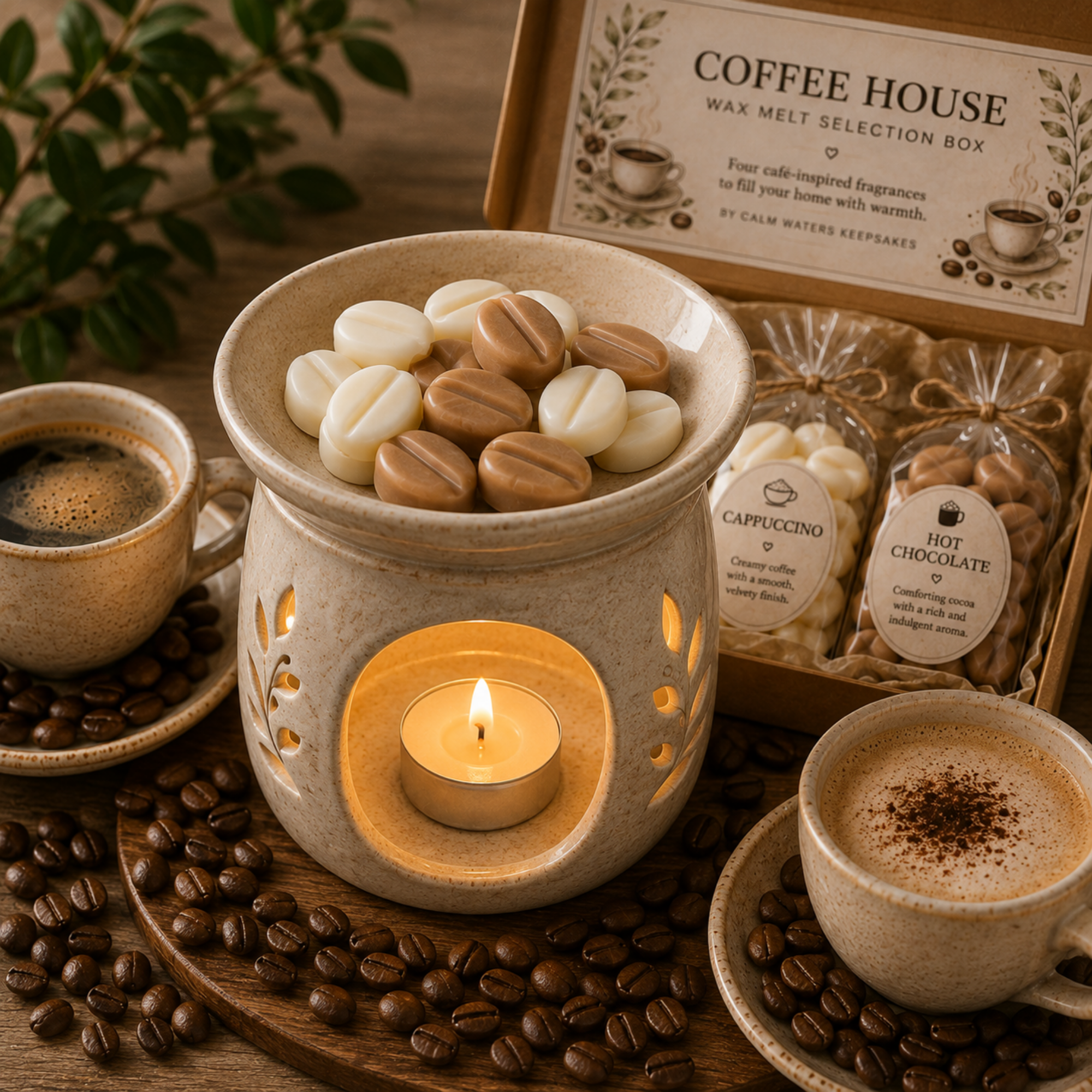 100 Coffee Bean Wax Melts Gift Box – Coffee Scented Soy Wax Melts – Cappuccino, Hot Chocolate & Café Mocha Selection