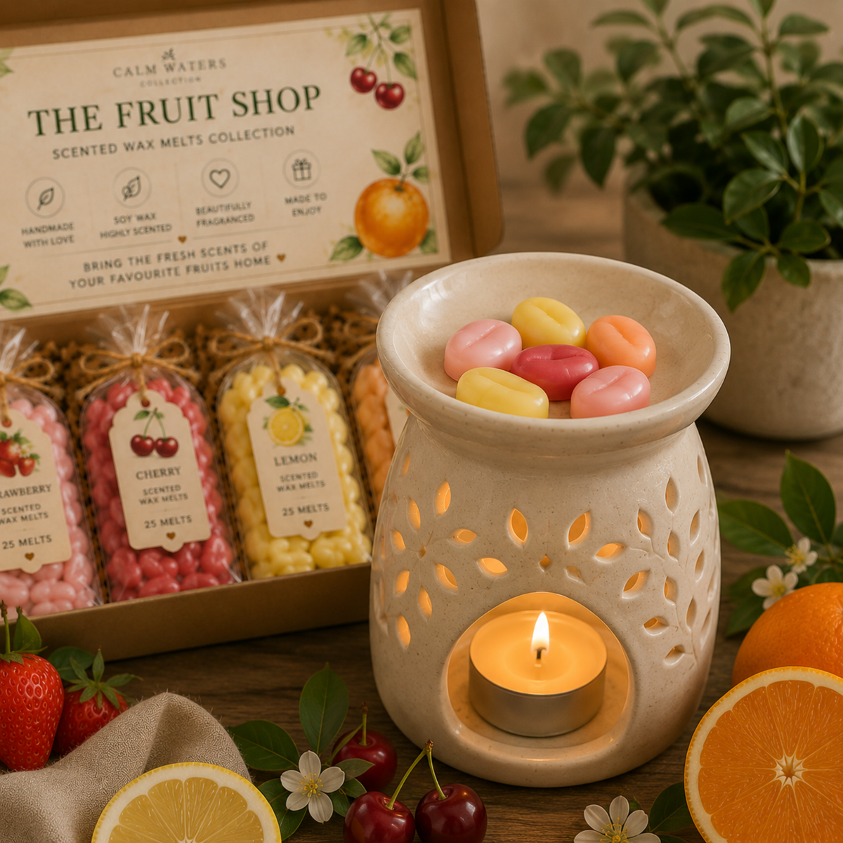 Fruit Scented Soy Wax Melts Gift Box – Strawberry, Cherry, Lemon & Orange – 100 Mini Wax Melts – Fruity Home Fragrance Gift