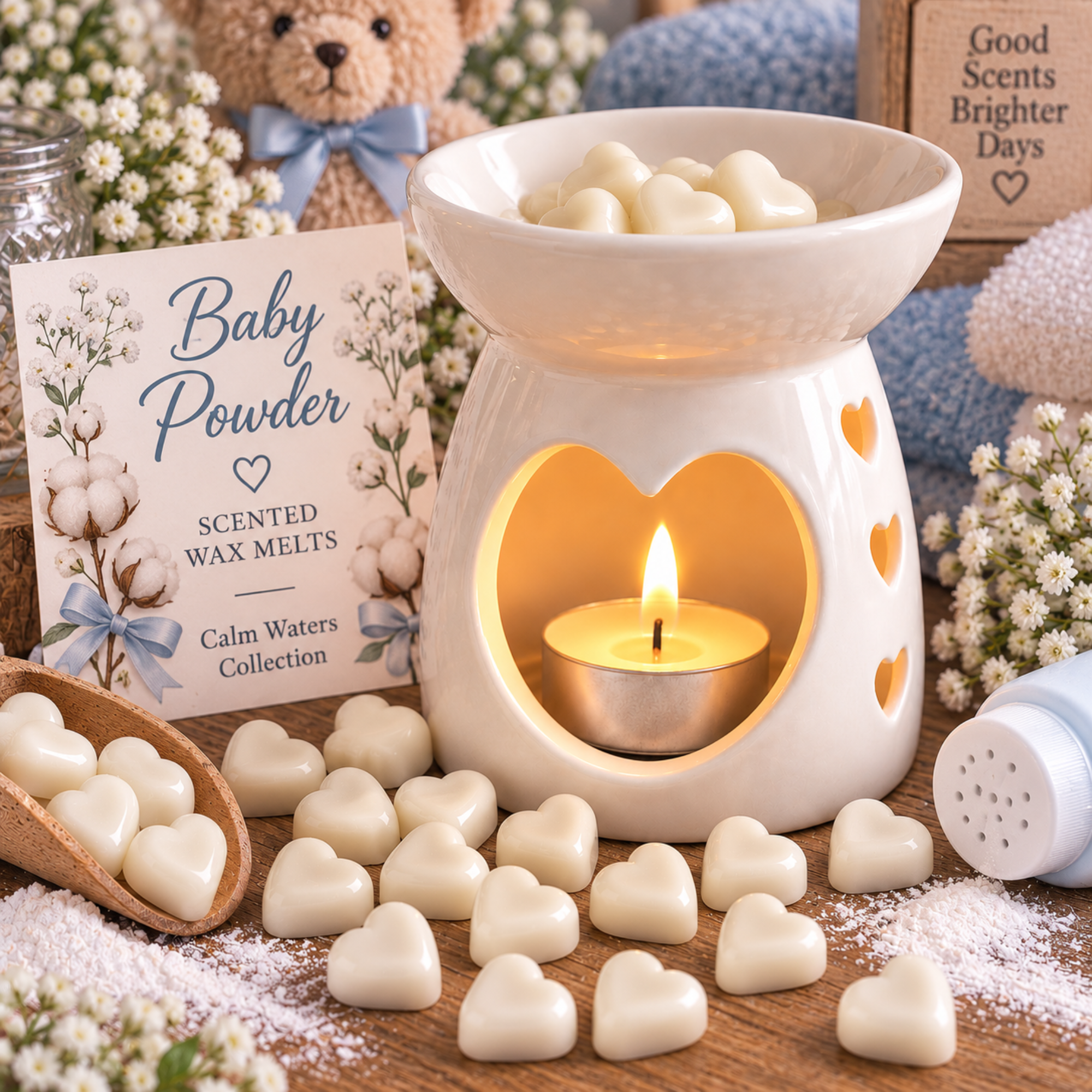 Baby Powder Wax Melts, Tiny Heart Soy Wax Melts in Glass Gift Jar, Highly Scented Handmade Home Fragrance Gift