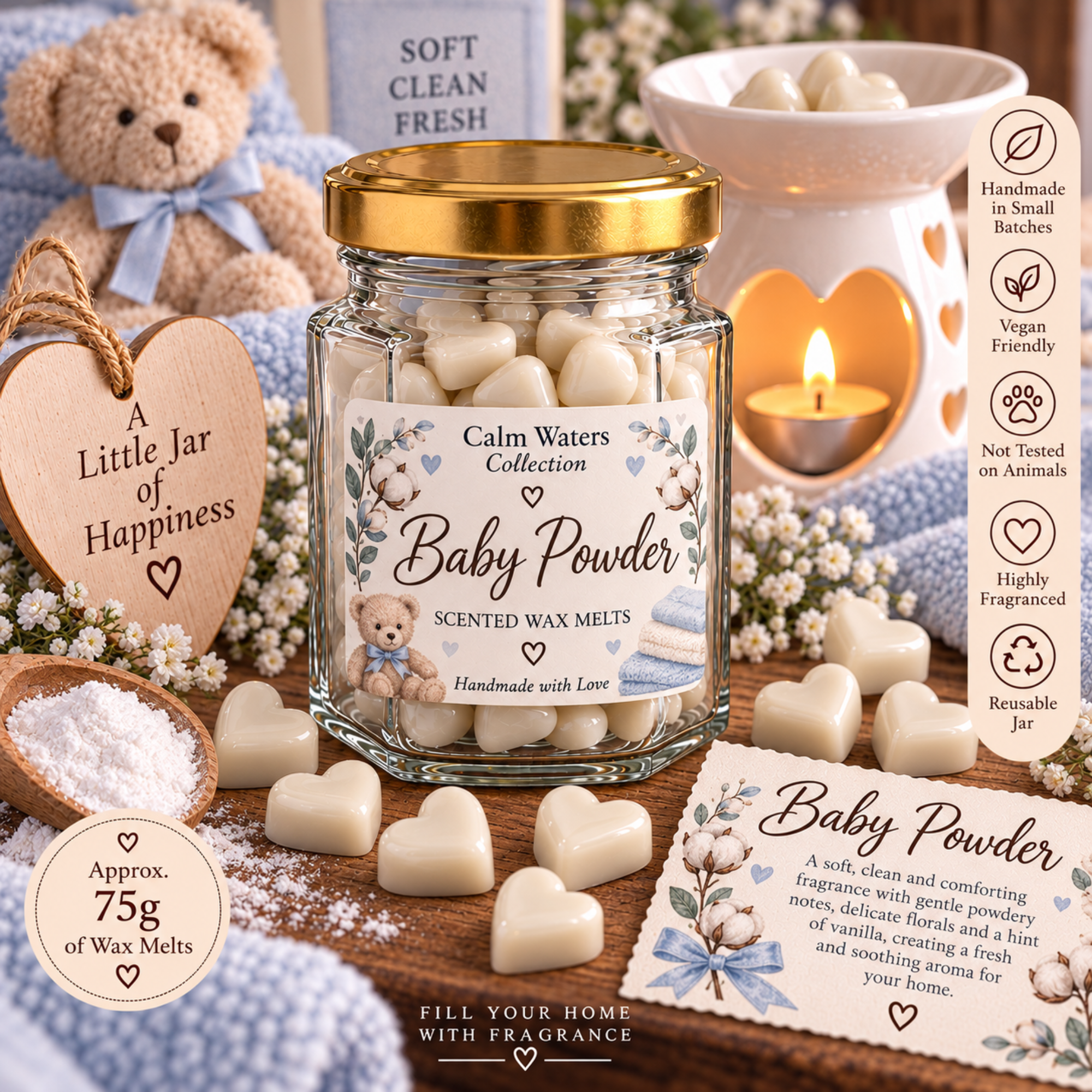 Baby Powder Wax Melts, Tiny Heart Soy Wax Melts in Glass Gift Jar, Highly Scented Handmade Home Fragrance Gift