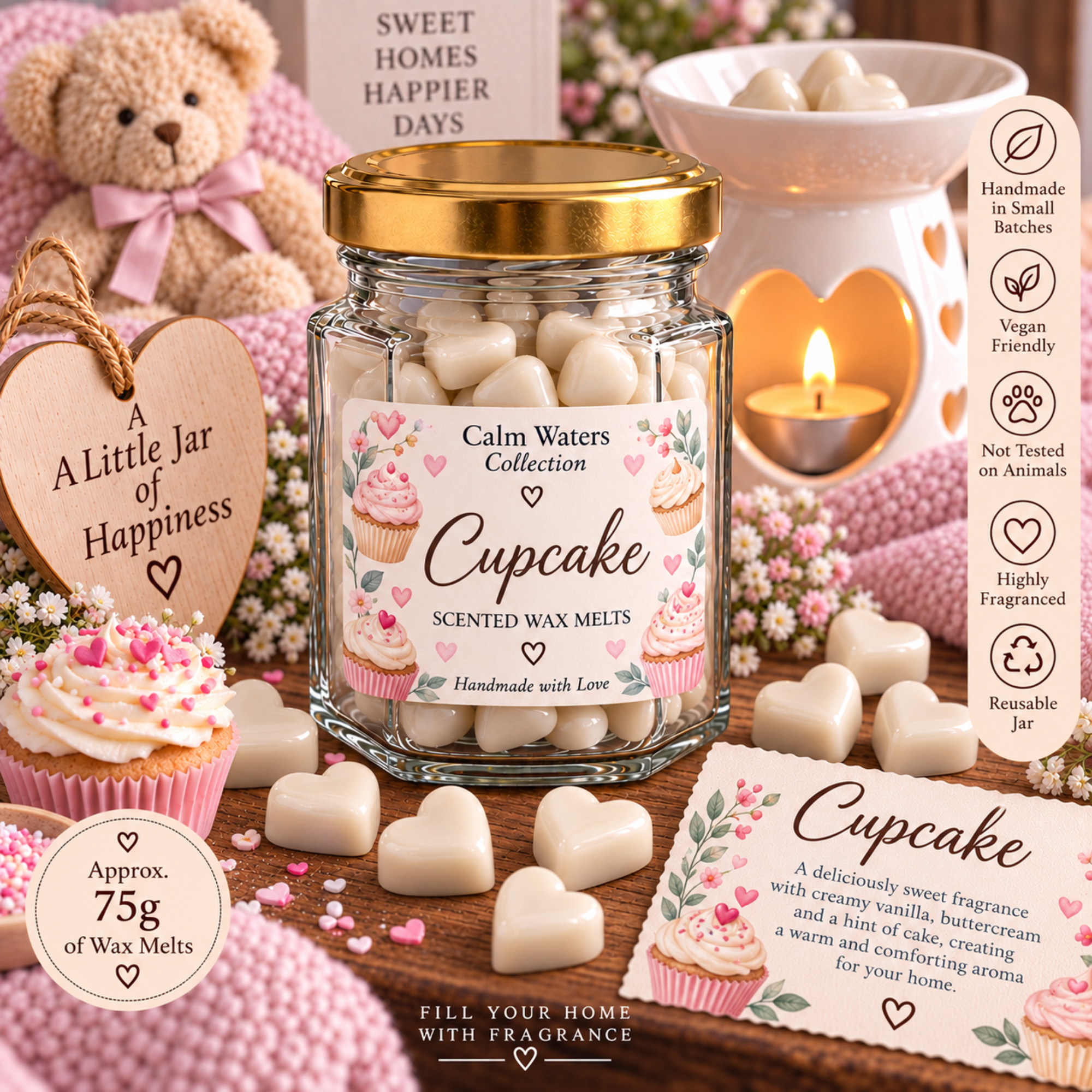 Cupcake Wax Melts, Tiny Heart Soy Wax Melts in Glass Gift Jar, Sweet Vanilla Scented Handmade Home Fragrance Gift