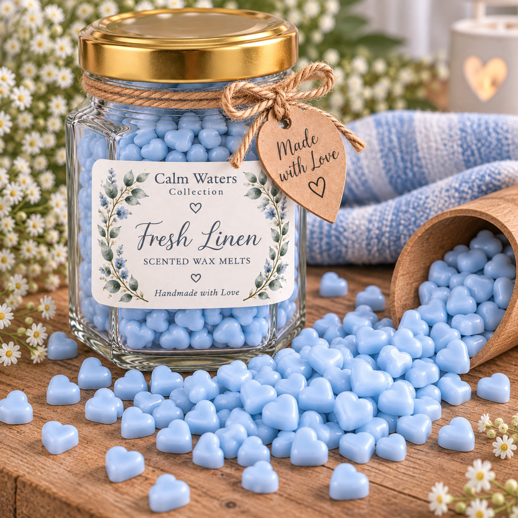 Fresh Linen Wax Melts, Tiny Heart Soy Wax Melts in Glass Gift Jar, Highly Scented Handmade Home Fragrance Gift
