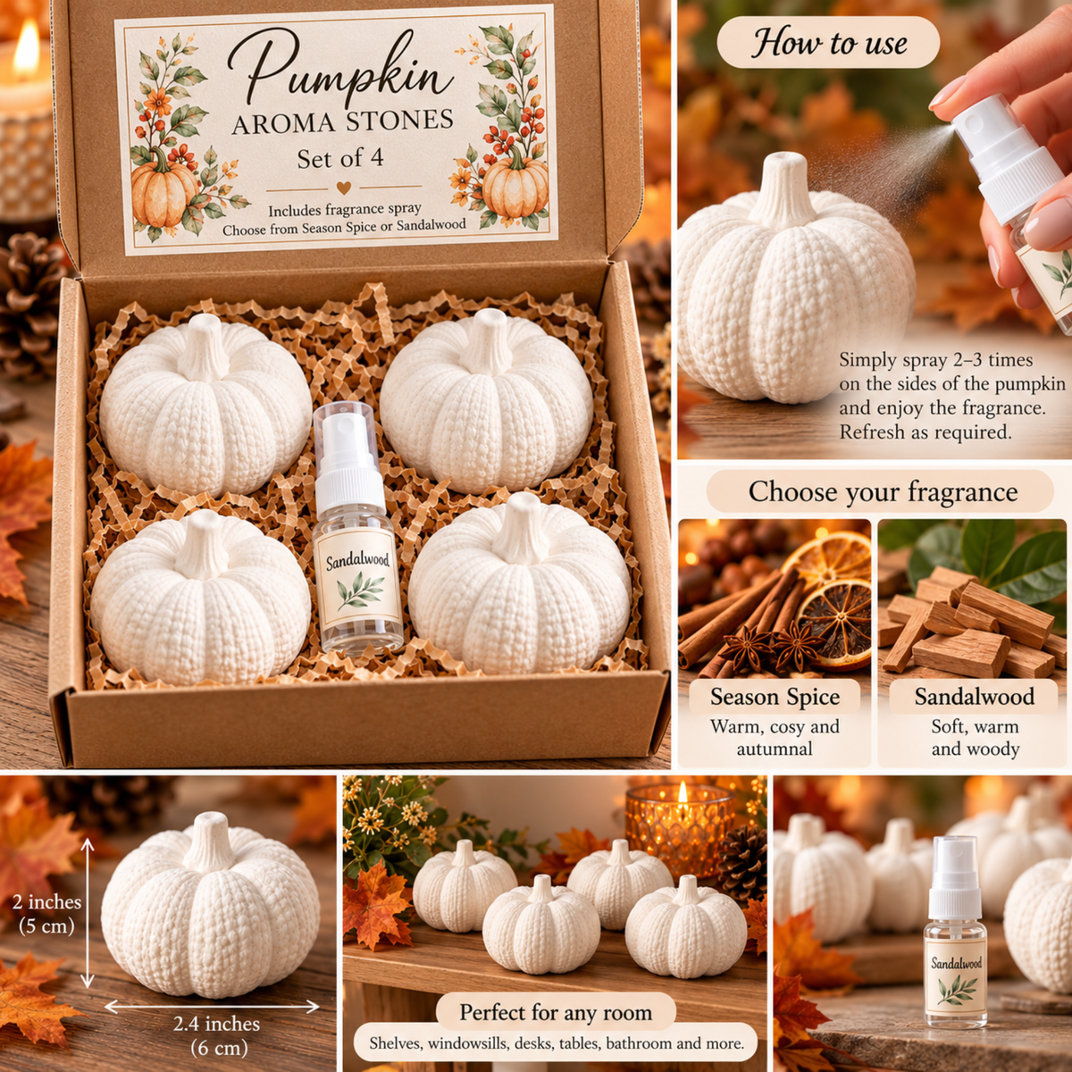 Pumpkin Aroma Stones Set of 4, Handmade Autumn Home Fragrance, Scented Pumpkin Décor,