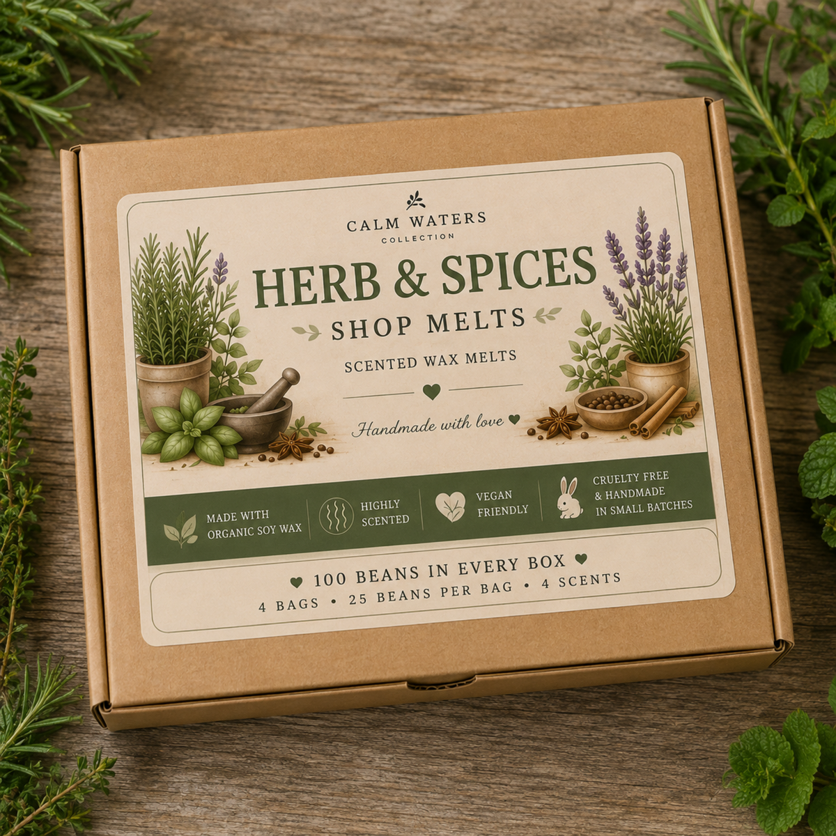 Herb & Spice Wax Melts Gift Box – Fresh Herbs, Lavender, Cinnamon & Vanilla – 100 Mini Soy Wax Melts