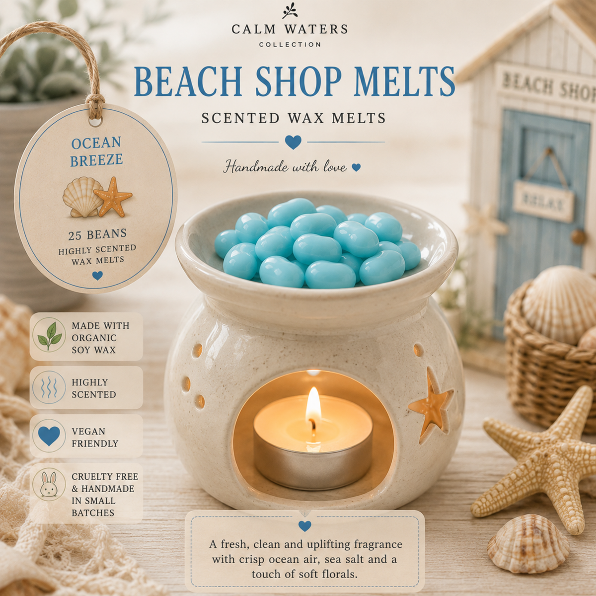 Beach Wax Melts Gift Box – 100 Mini Soy Wax Melts – Coconut, Ocean Breeze, Pink Lemonade & Saltwater Taffy