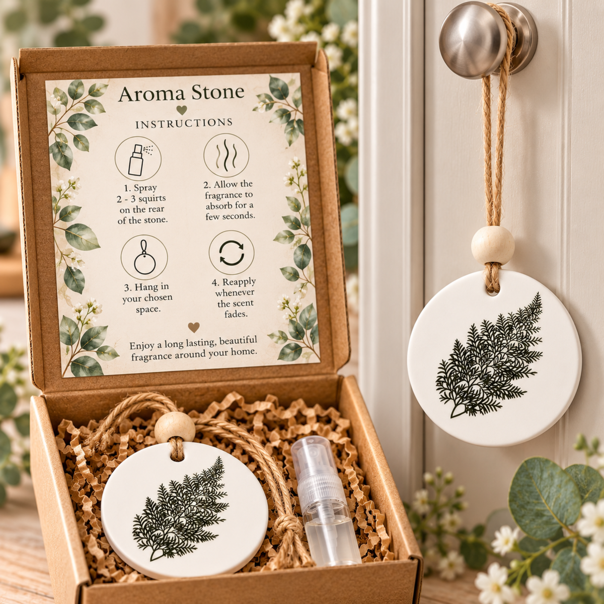 Handmade Botanical Aroma Stone with Fragrance Spray – Hanging Wardrobe Freshener – Sandalwood, Cherry, Lavender & More – 2.3 x 2 Inches (Copy)