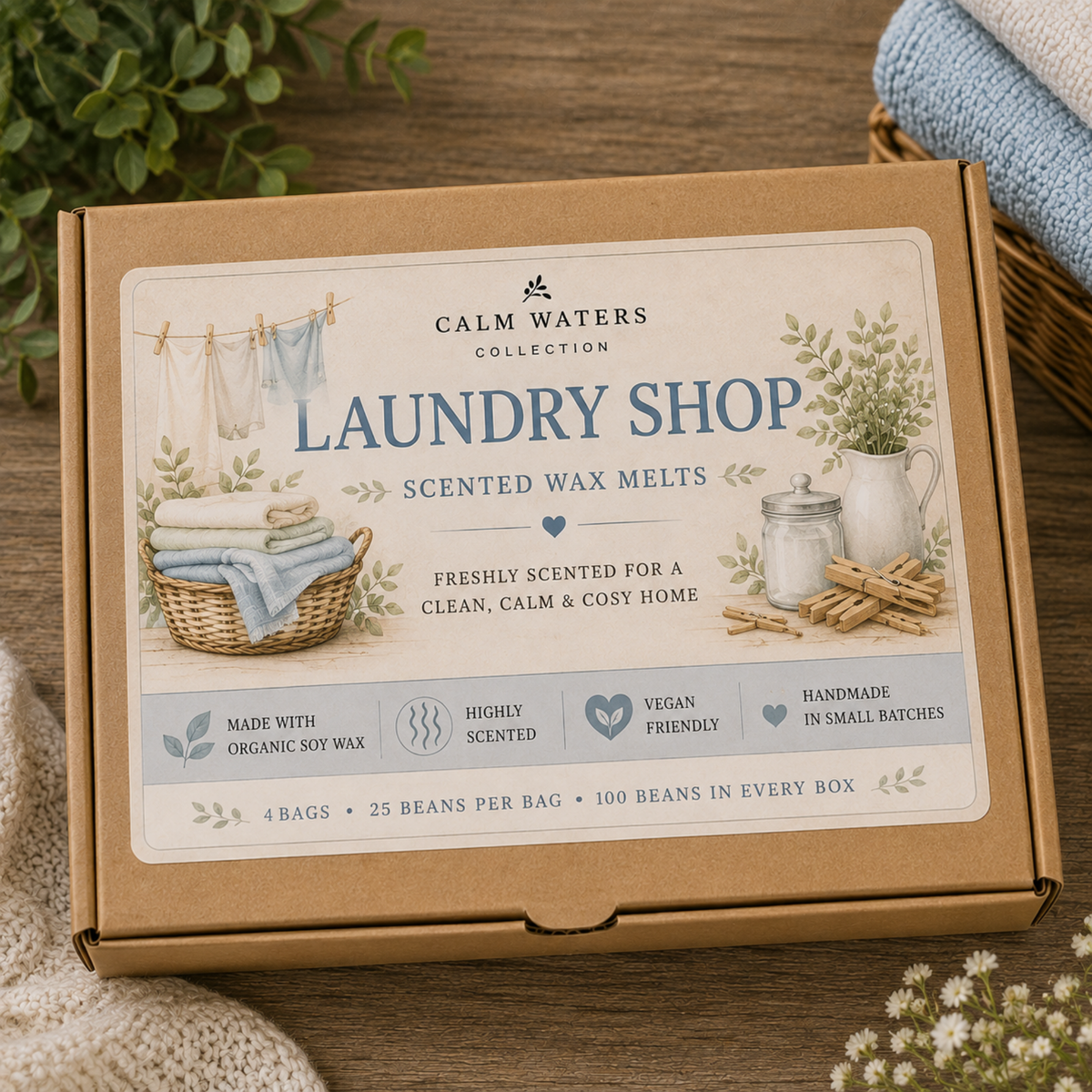 Laundry Scented Soy Wax Melts Gift Box – Fresh Linen, Cotton Fresh, Baby Powder & Spring Clean – 100 Mini Wax Melts