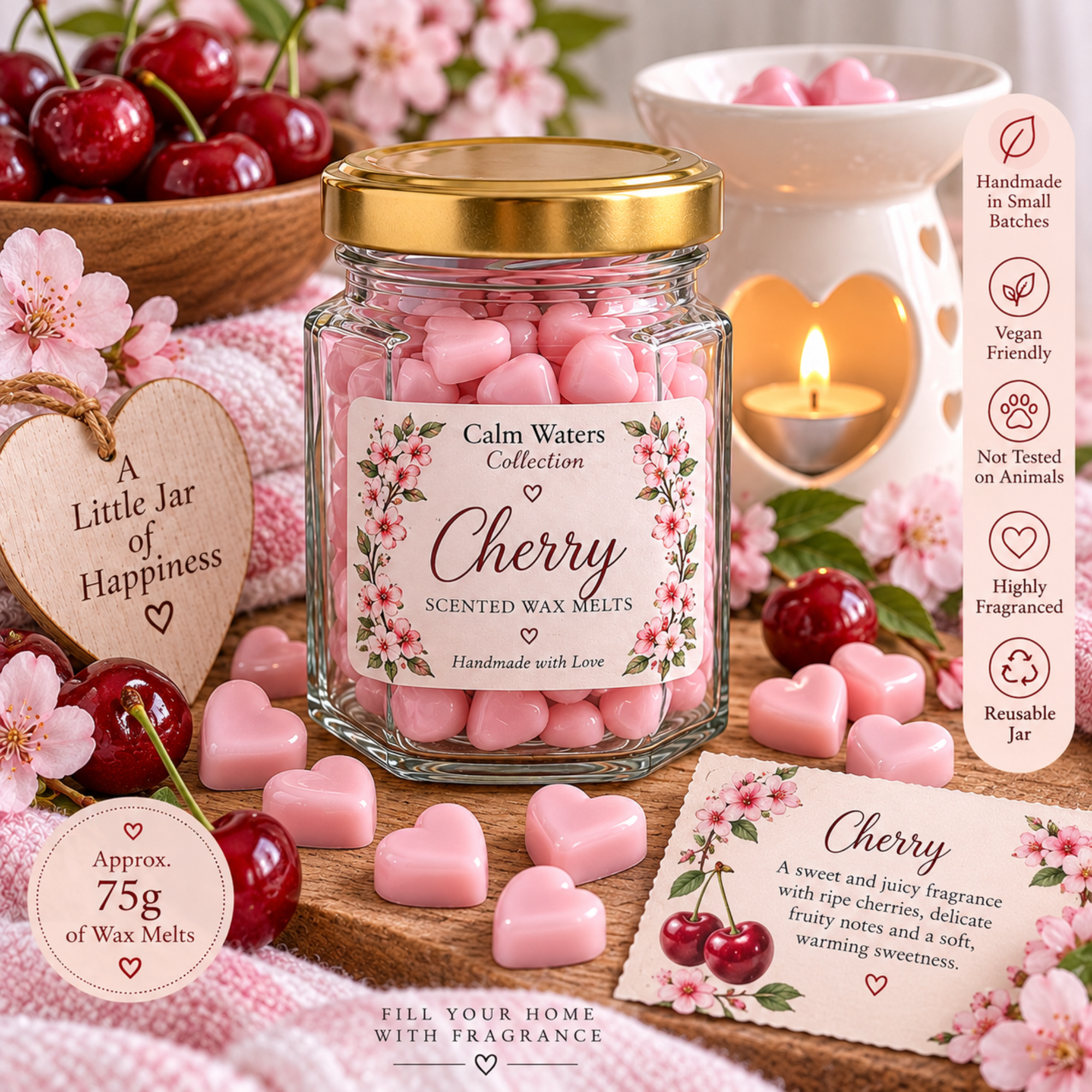 Cherry Wax Melts, Tiny Heart Soy Wax Melts in Glass Gift Jar, Highly Scented Handmade Home Fragrance Gift