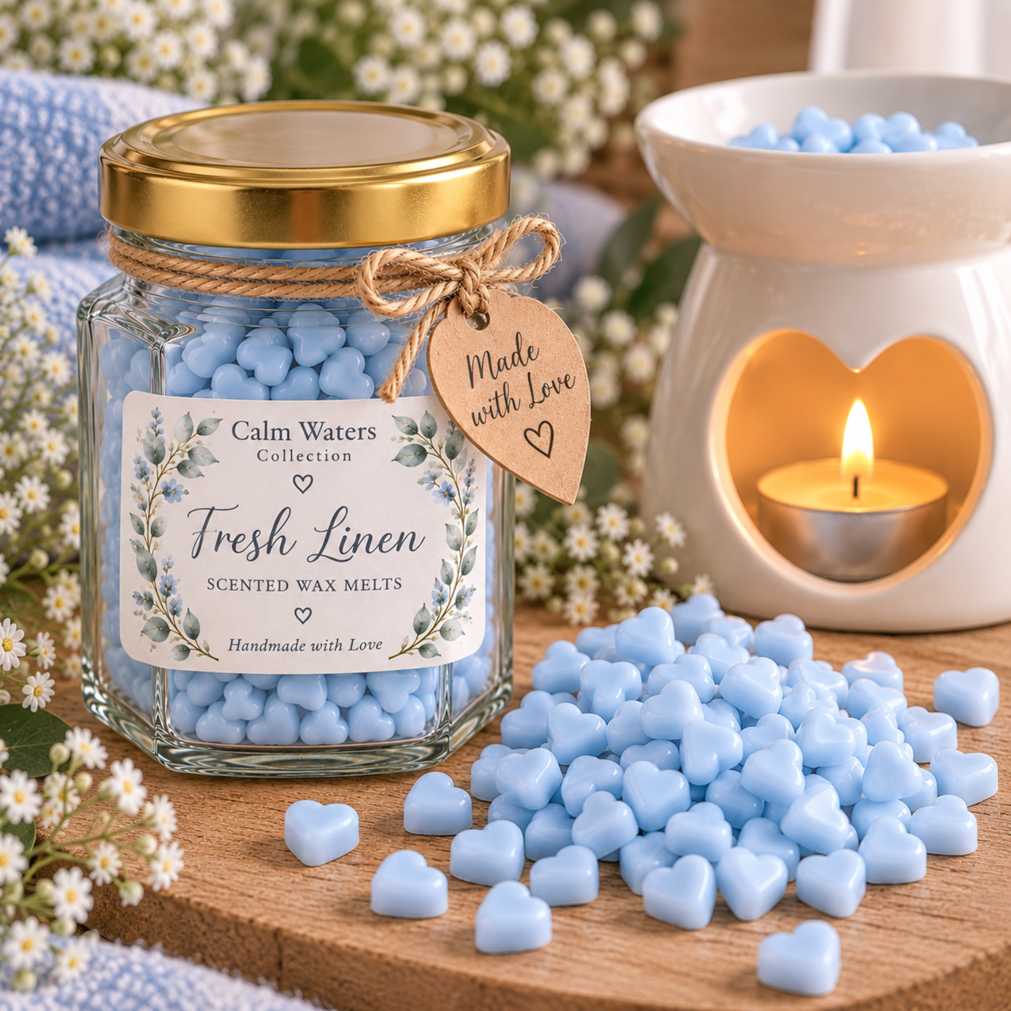Fresh Linen Wax Melts, Tiny Heart Soy Wax Melts in Glass Gift Jar, Highly Scented Handmade Home Fragrance Gift