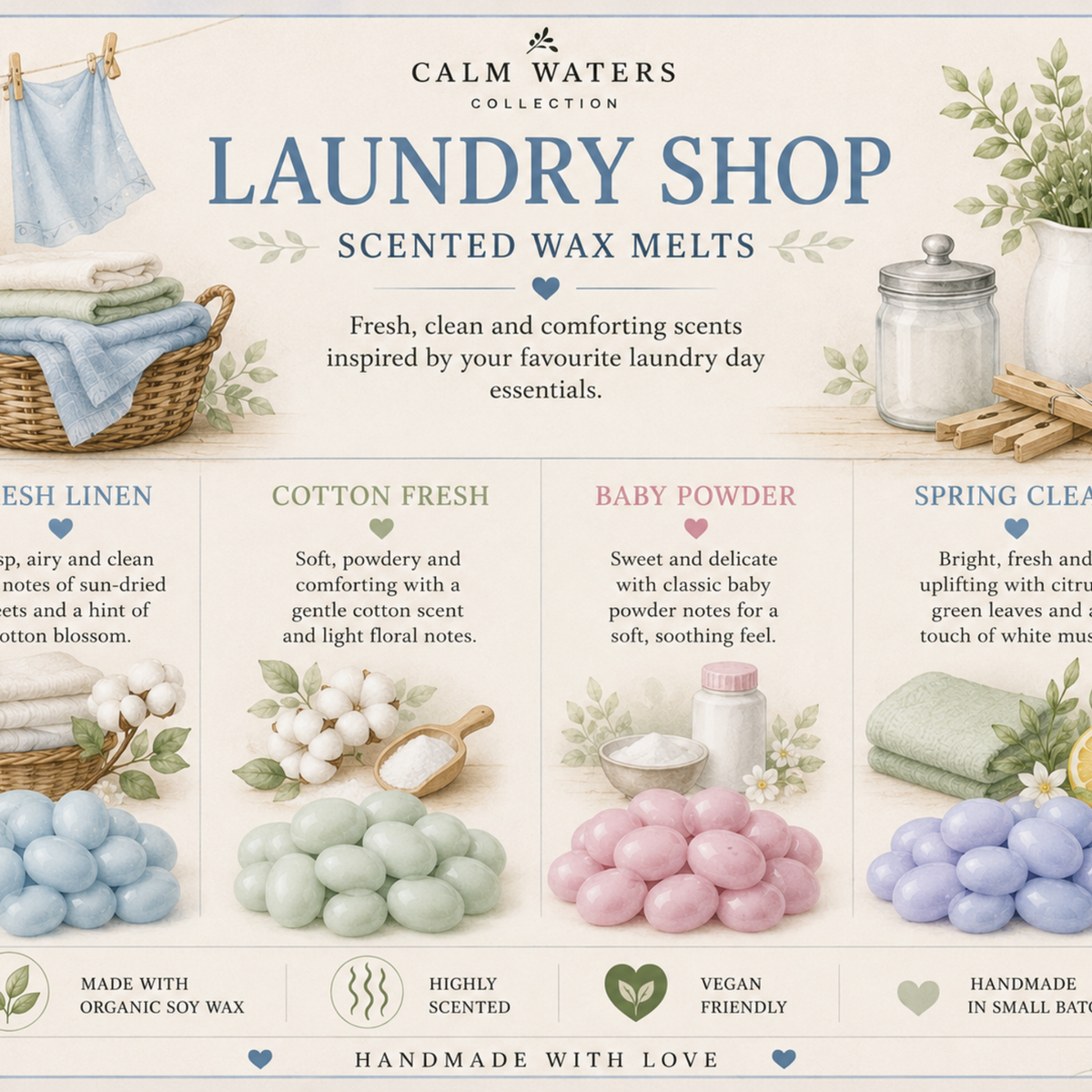 Laundry Scented Soy Wax Melts Gift Box – Fresh Linen, Cotton Fresh, Baby Powder & Spring Clean – 100 Mini Wax Melts