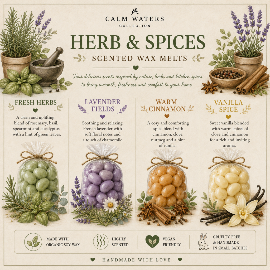Herb & Spice Wax Melts Gift Box – Fresh Herbs, Lavender, Cinnamon & Vanilla – 100 Mini Soy Wax Melts