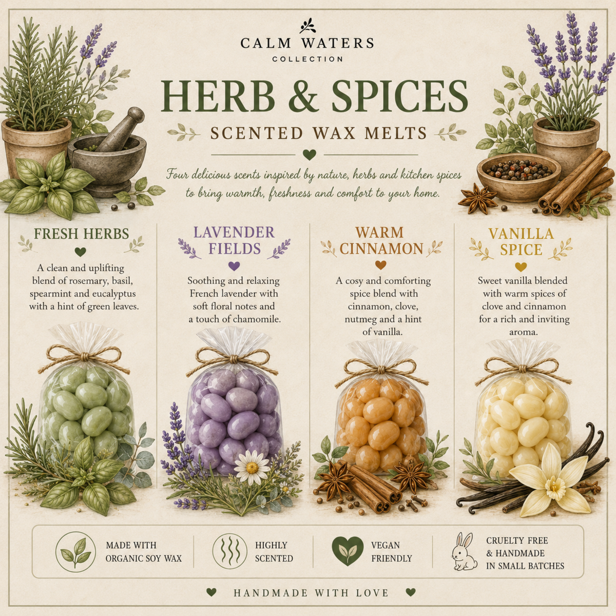 Herb & Spice Wax Melts Gift Box – Fresh Herbs, Lavender, Cinnamon & Vanilla – 100 Mini Soy Wax Melts