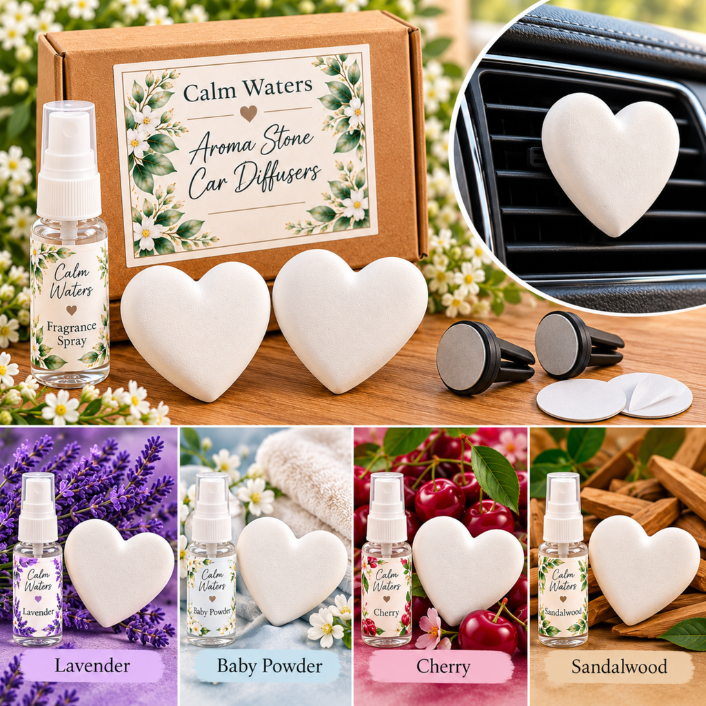 Set of 2 Aroma Stone Car Air Fresheners, Heart Car Diffusers, Fragrance Spray & Adhesive Pads Included, Handmade Car Gift