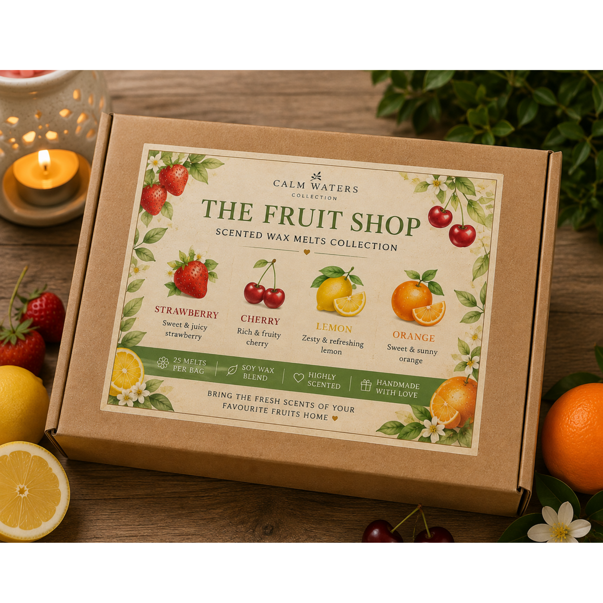 Fruit Scented Soy Wax Melts Gift Box – Strawberry, Cherry, Lemon & Orange – 100 Mini Wax Melts – Fruity Home Fragrance Gift