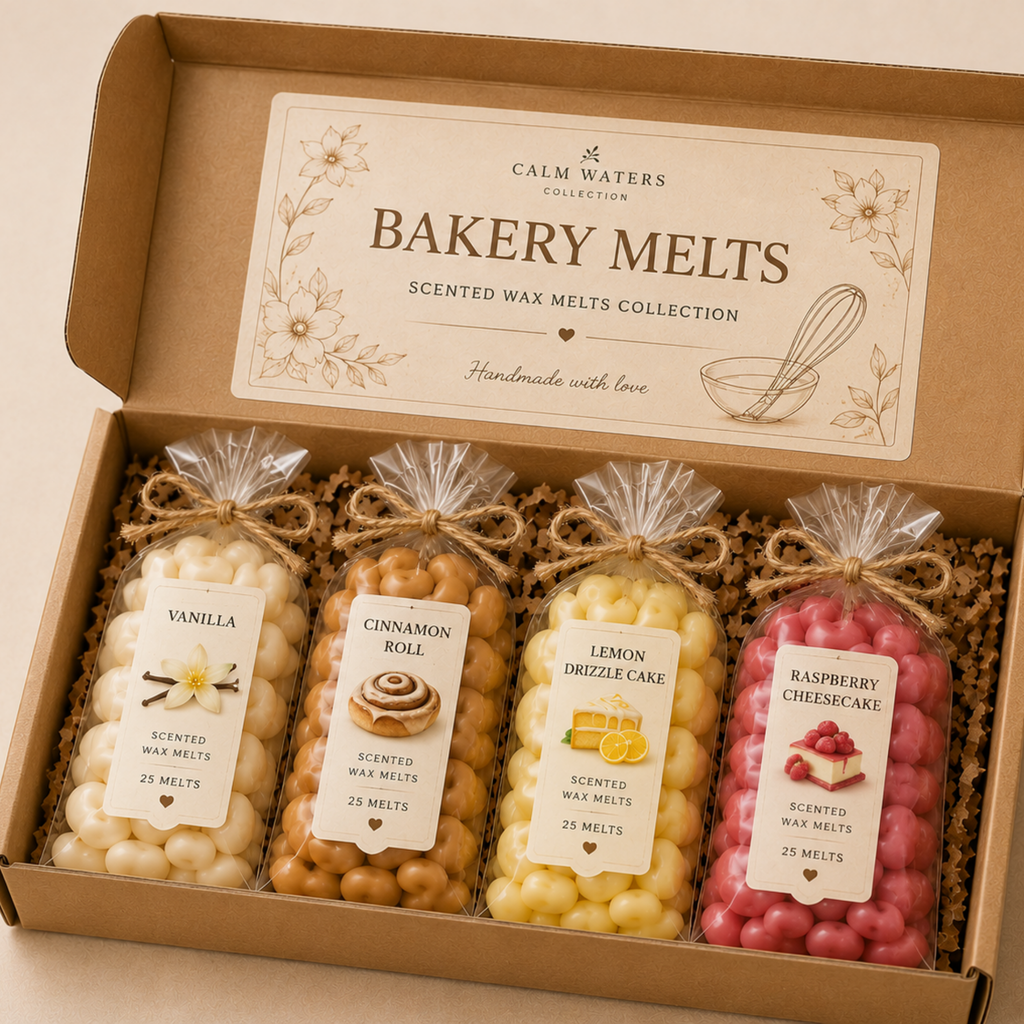 Bakery Scented Soy Wax Melts Gift Box – Vanilla, Cinnamon Roll, Lemon Drizzle Cake & Raspberry Cheesecake – 100 Mini Melts