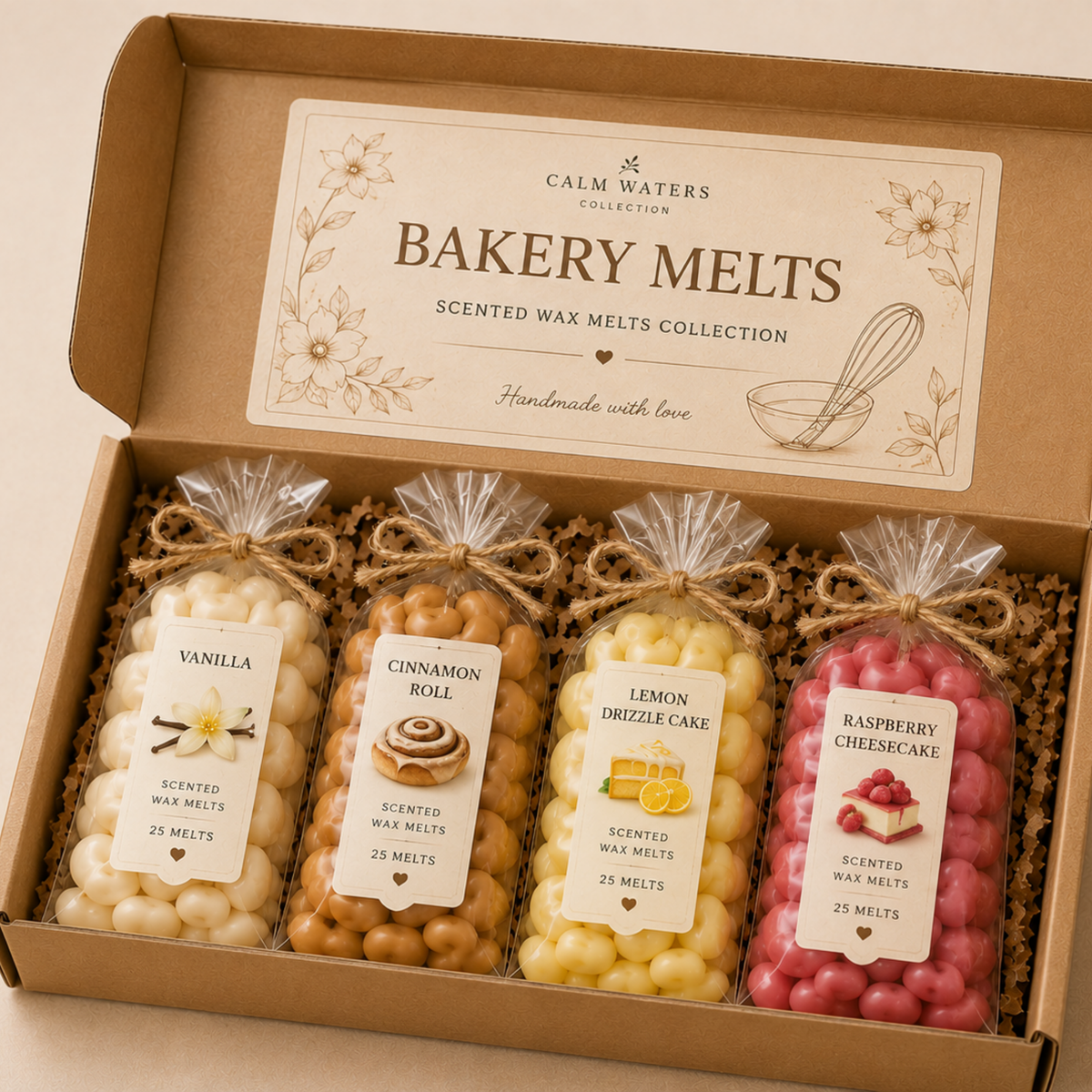 Bakery Scented Soy Wax Melts Gift Box – Vanilla, Cinnamon Roll, Lemon Drizzle Cake & Raspberry Cheesecake – 100 Mini Melts