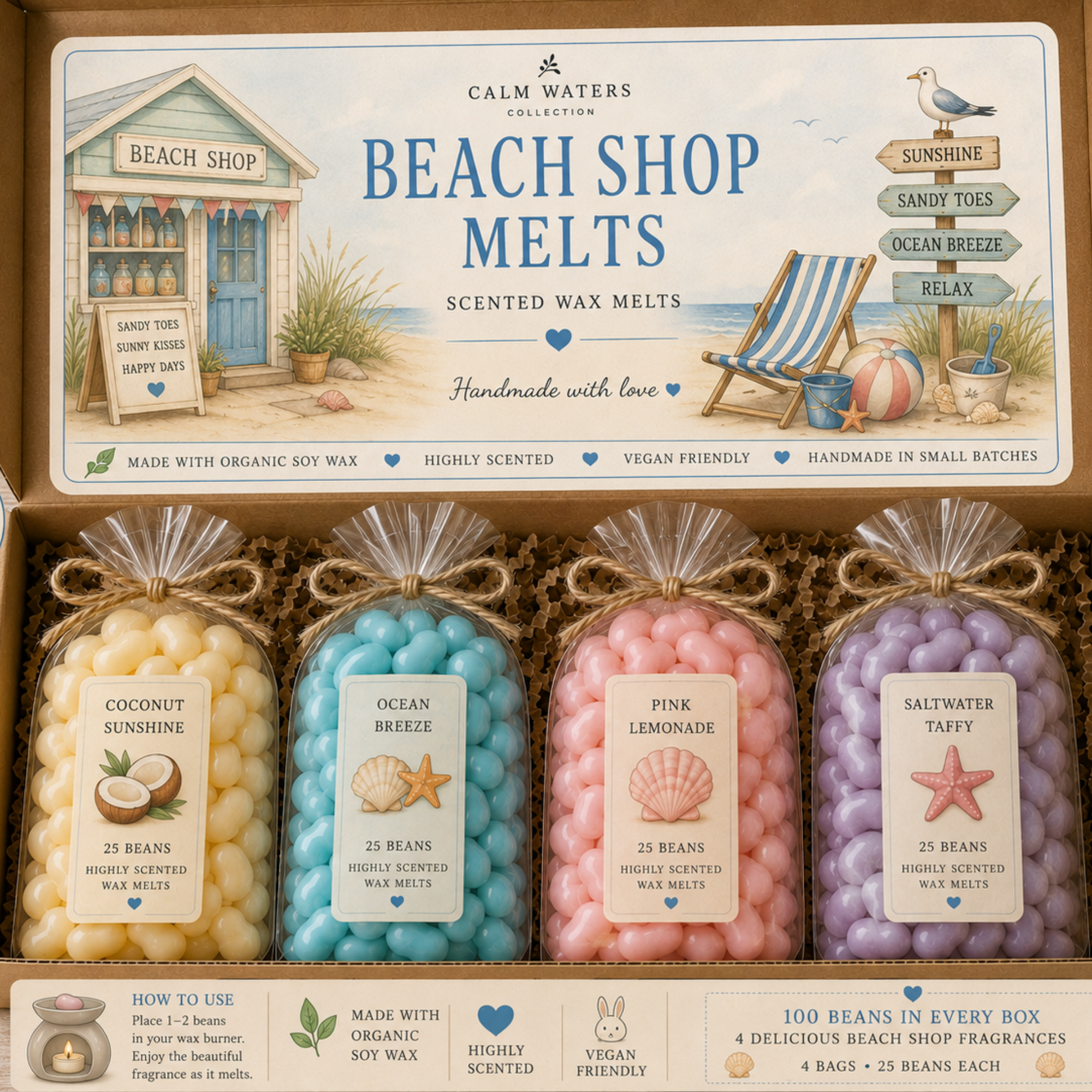 Beach Wax Melts Gift Box – 100 Mini Soy Wax Melts – Coconut, Ocean Breeze, Pink Lemonade & Saltwater Taffy