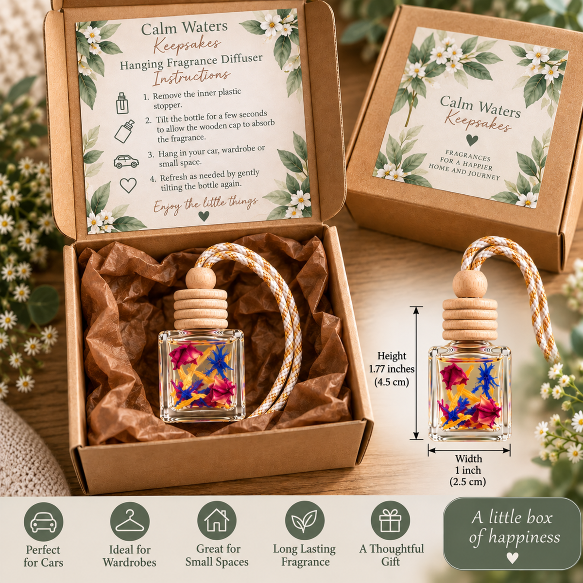 Personalised Hanging Fragrance Diffuser | Wedding & Party Favours | Car, Wardrobe Freshener | Dried Flower Gift | Custom 8ml Diffuser