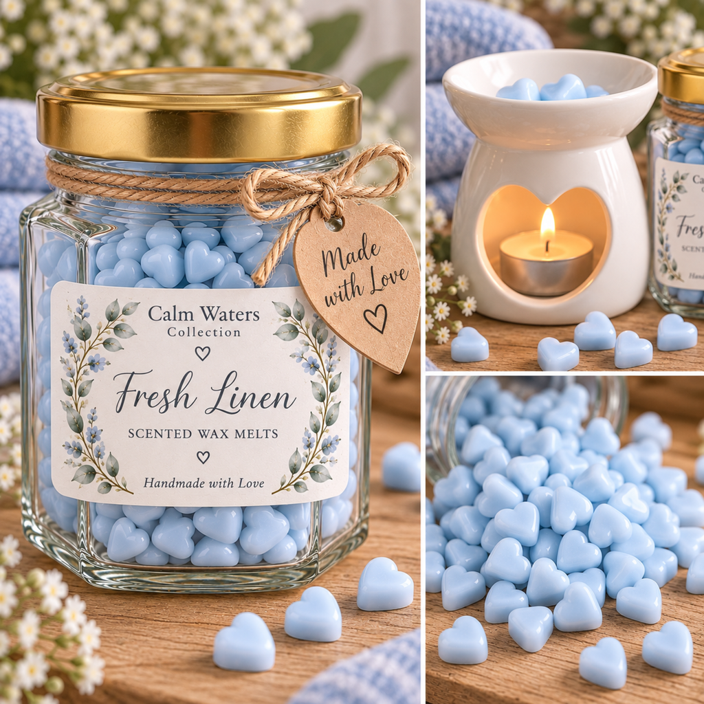 Fresh Linen Wax Melts, Tiny Heart Soy Wax Melts in Glass Gift Jar, Highly Scented Handmade Home Fragrance Gift