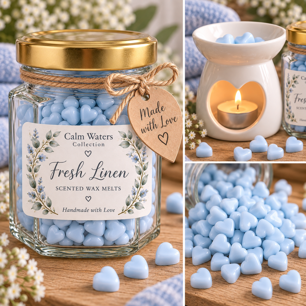 Fresh Linen Wax Melts, Tiny Heart Soy Wax Melts in Glass Gift Jar, Highly Scented Handmade Home Fragrance Gift