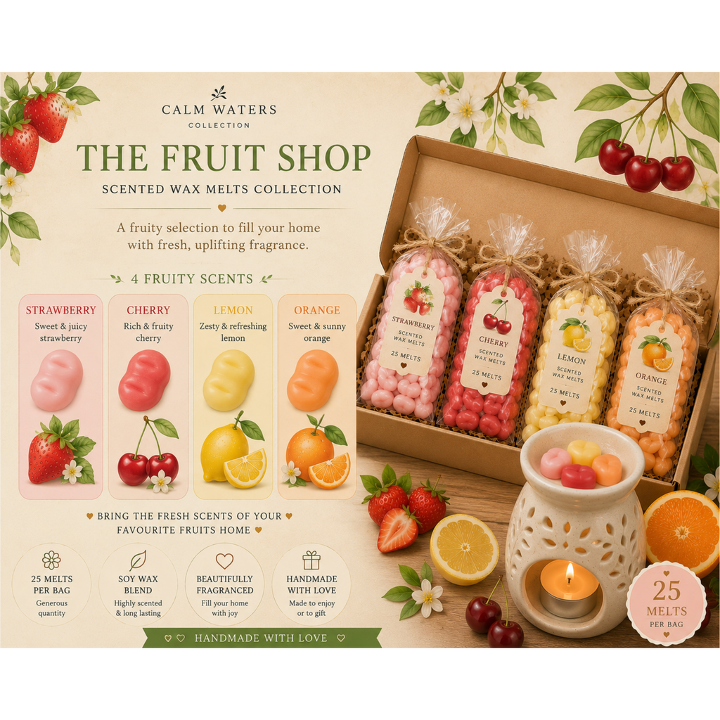 Fruit Scented Soy Wax Melts Gift Box – Strawberry, Cherry, Lemon & Orange – 100 Mini Wax Melts – Fruity Home Fragrance Gift