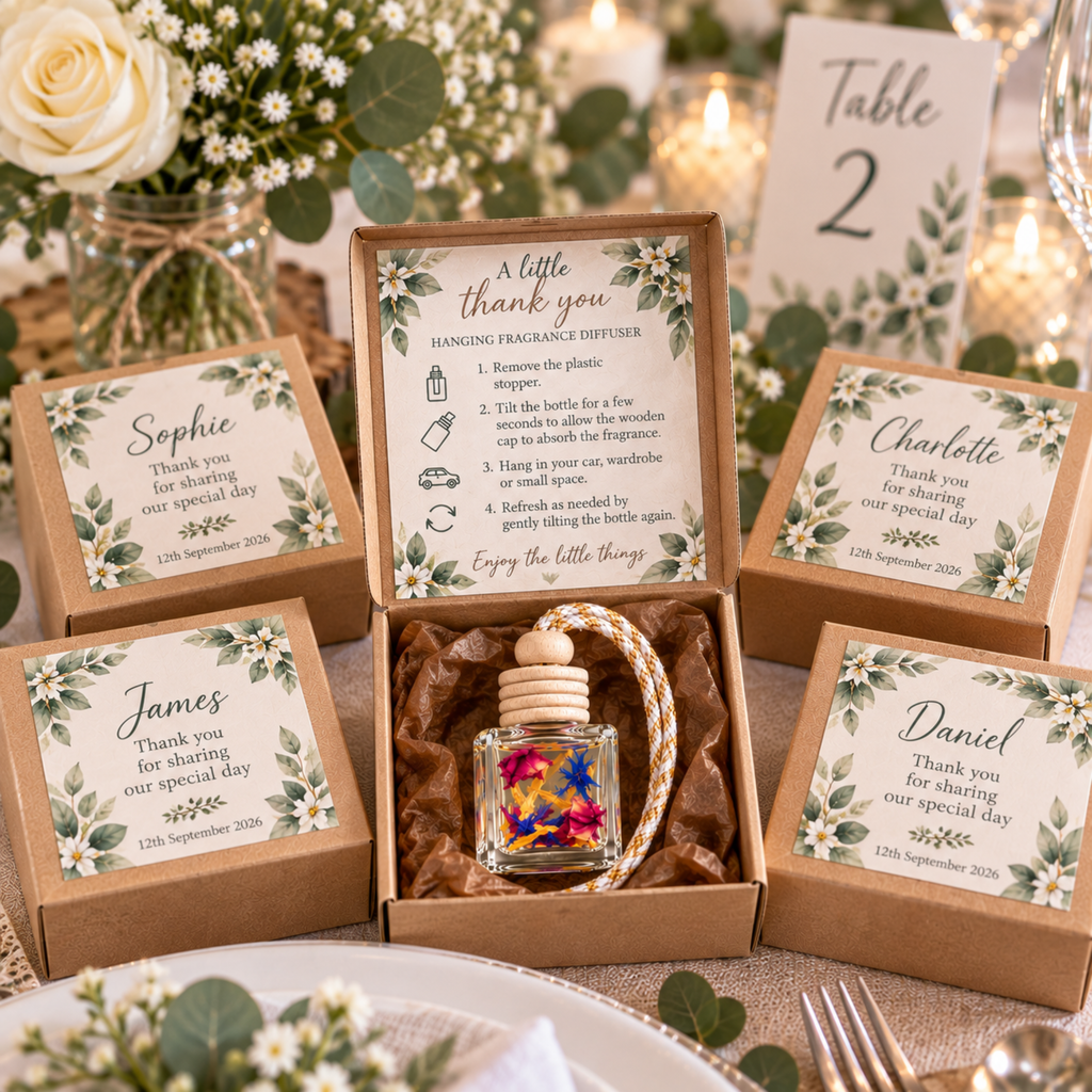 Personalised Hanging Fragrance Diffuser | Wedding & Party Favours | Car, Wardrobe Freshener | Dried Flower Gift | Custom 8ml Diffuser