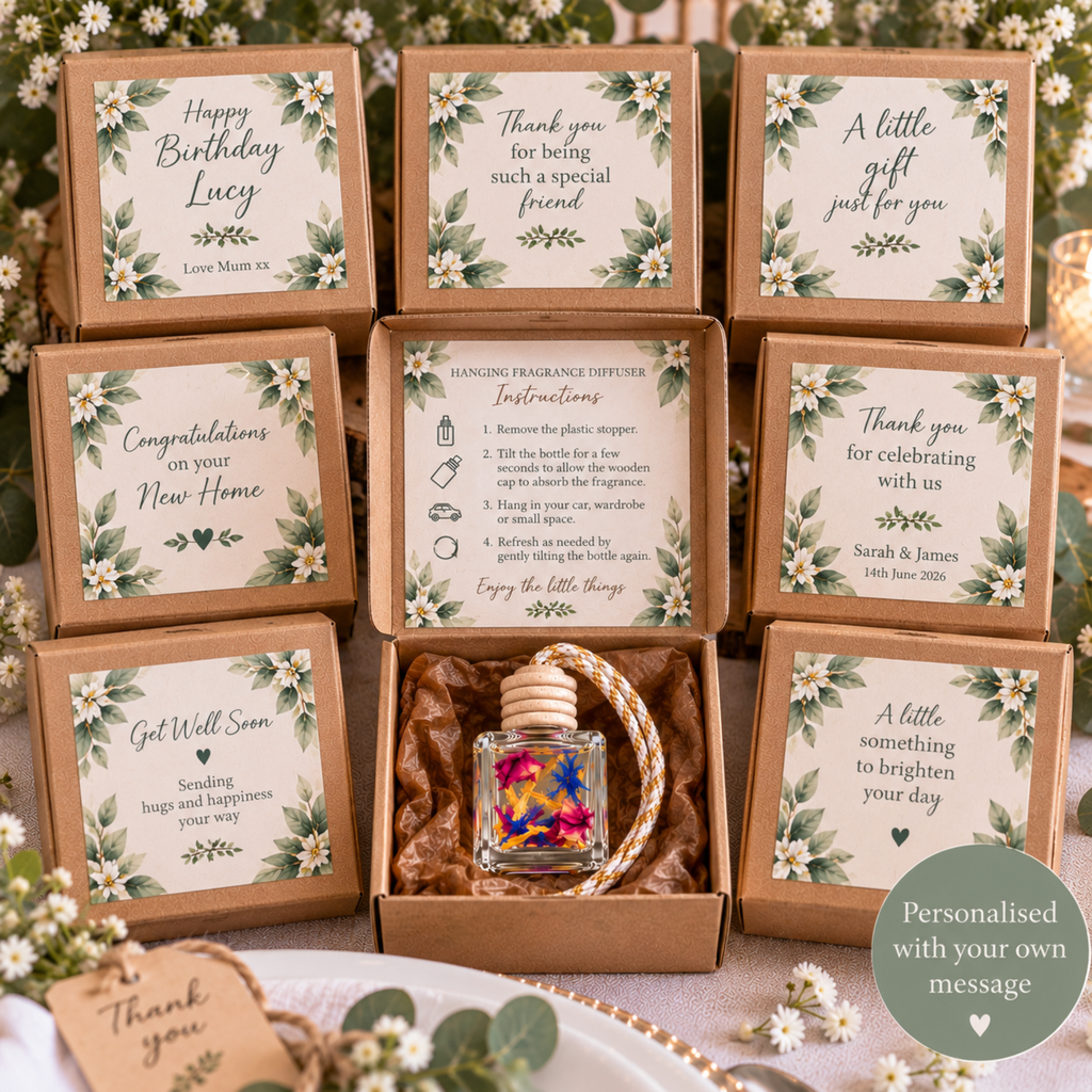 Personalised Hanging Fragrance Diffuser | Wedding & Party Favours | Car, Wardrobe Freshener | Dried Flower Gift | Custom 8ml Diffuser