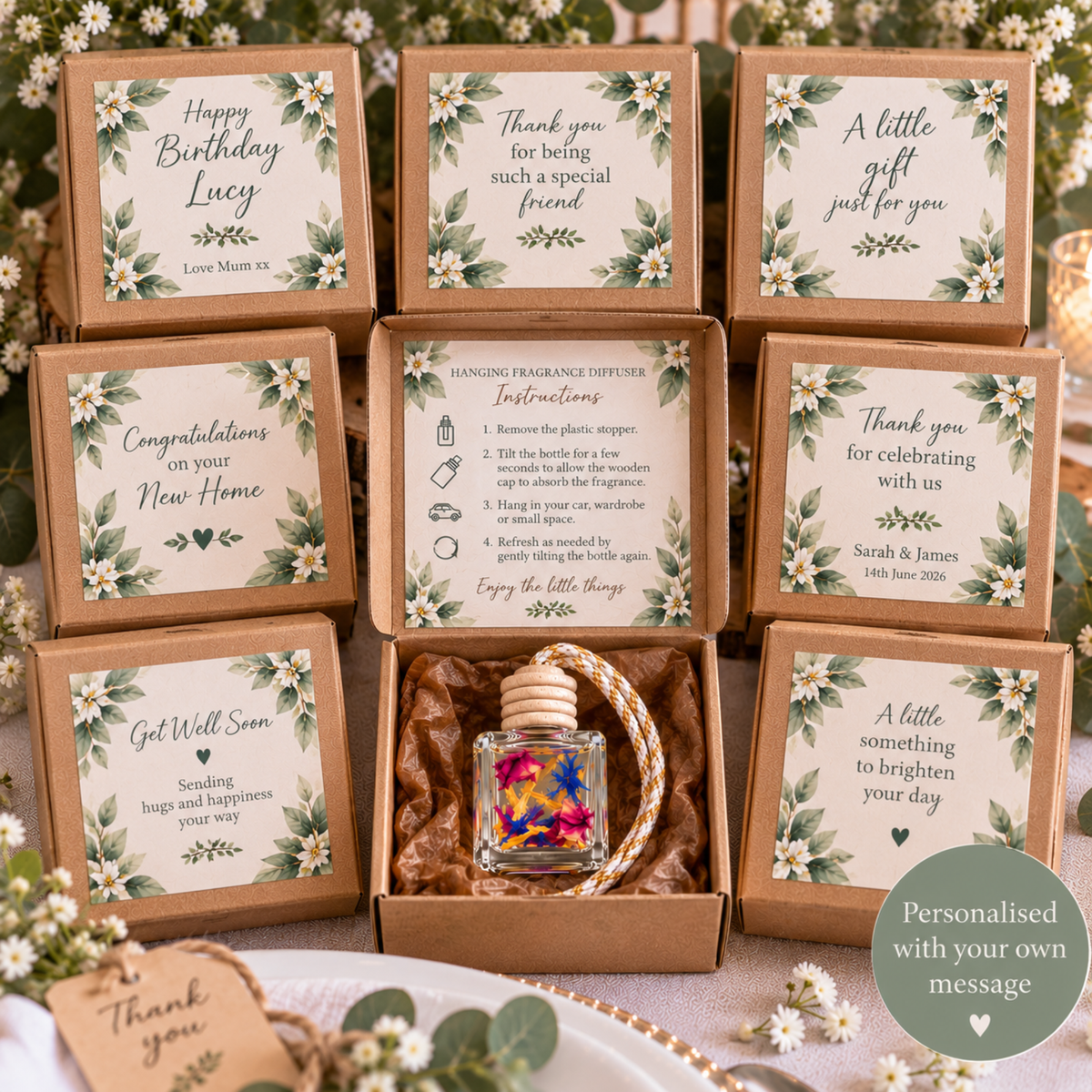 Personalised Hanging Fragrance Diffuser | Wedding & Party Favours | Car, Wardrobe Freshener | Dried Flower Gift | Custom 8ml Diffuser
