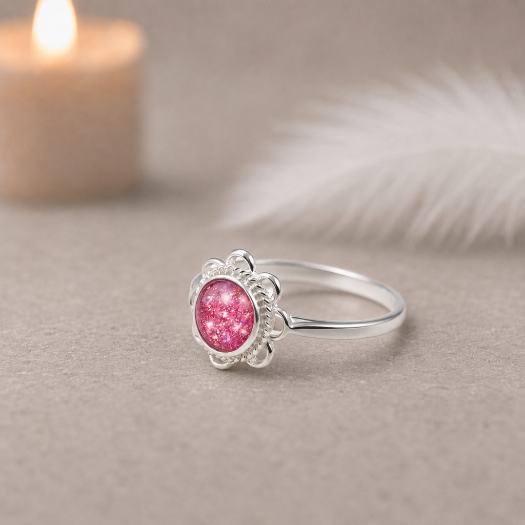 Memorial Ring Round Frill Ring,  Memorial, Sterling Silver, Cremation Keepsake